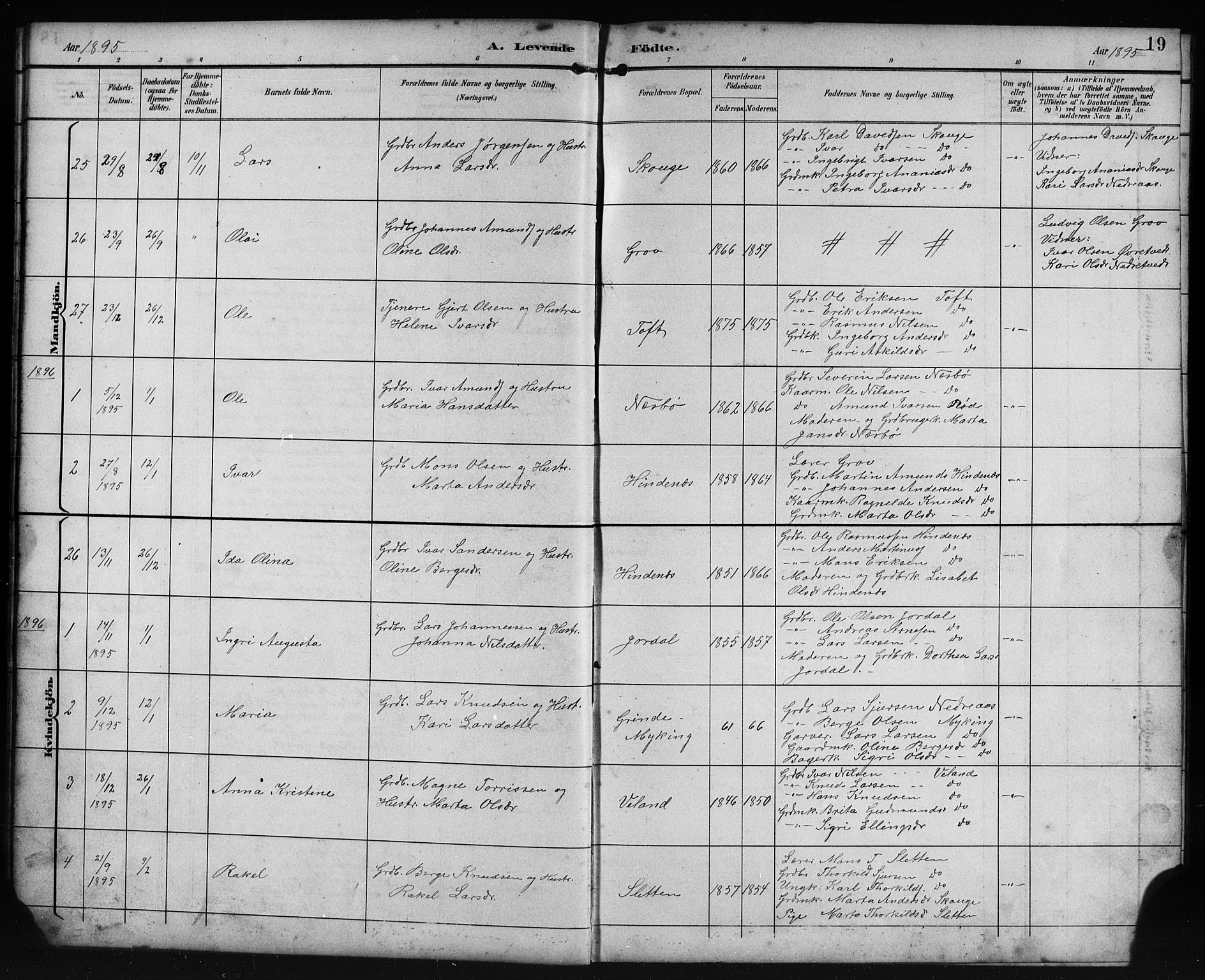 Lindås Sokneprestembete, AV/SAB-A-76701/H/Hab/Habe/L0003: Klokkerbok nr. E 3, 1892-1905, s. 19