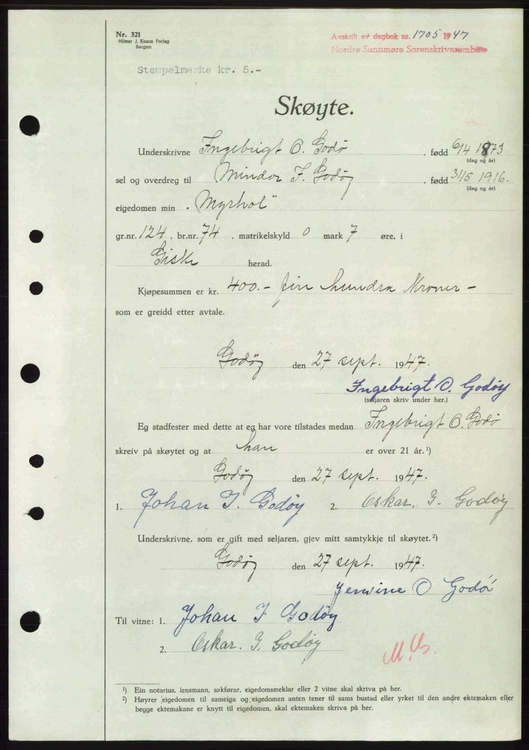 Nordre Sunnmøre sorenskriveri, AV/SAT-A-0006/1/2/2C/2Ca: Pantebok nr. A25, 1947-1947, Dagboknr: 1705/1947