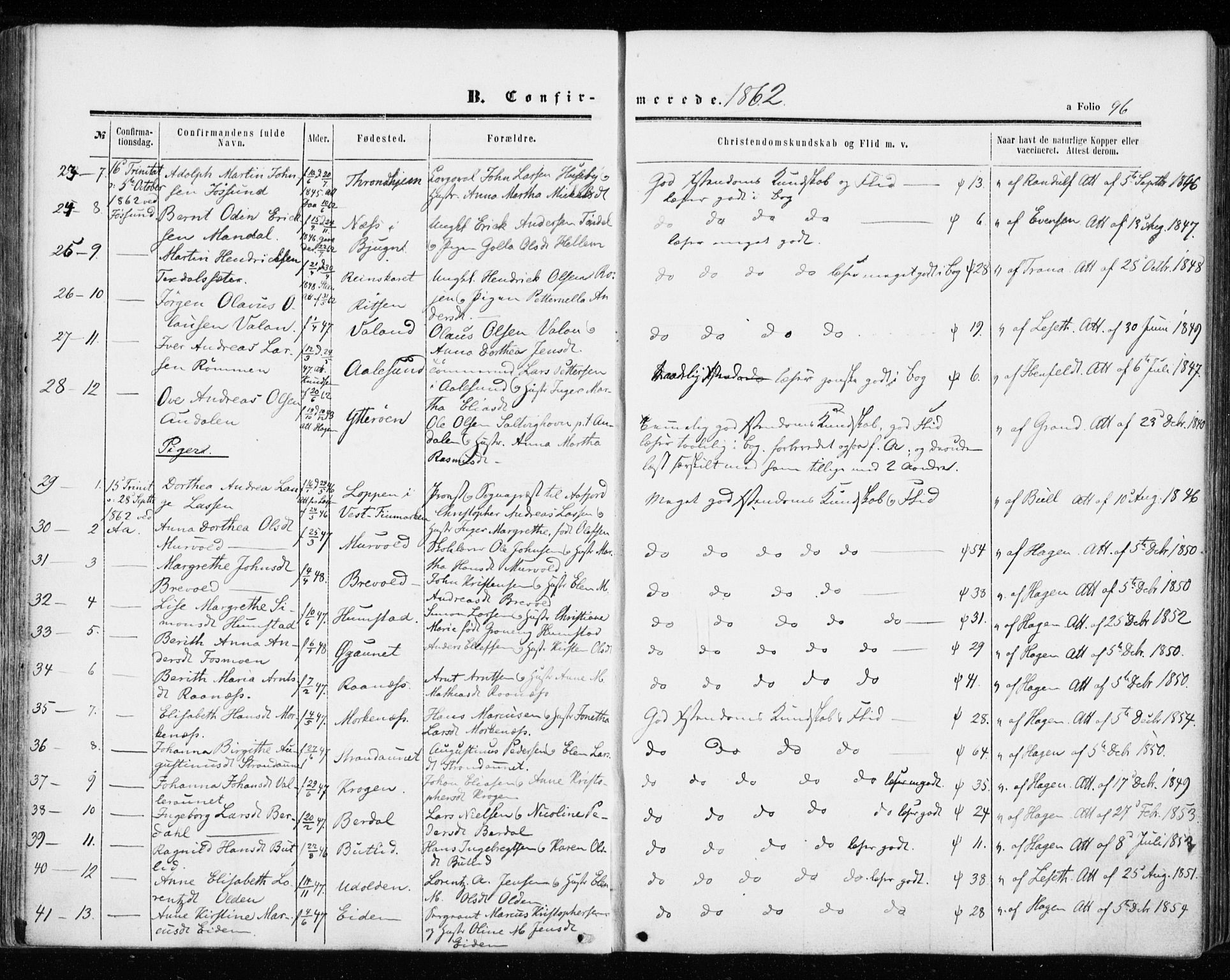 Ministerialprotokoller, klokkerbøker og fødselsregistre - Sør-Trøndelag, SAT/A-1456/655/L0678: Ministerialbok nr. 655A07, 1861-1873, s. 96