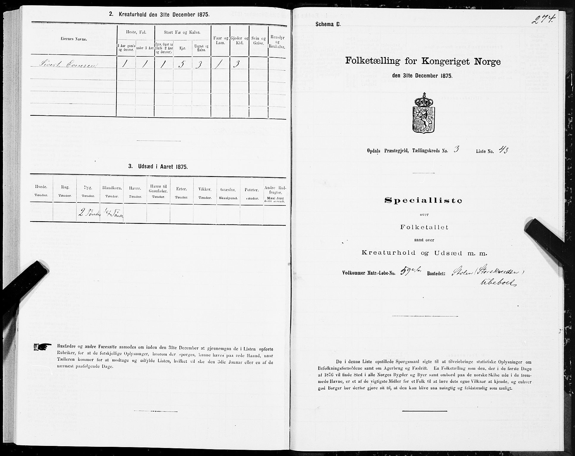 SAT, Folketelling 1875 for 1634P Oppdal prestegjeld, 1875, s. 2274