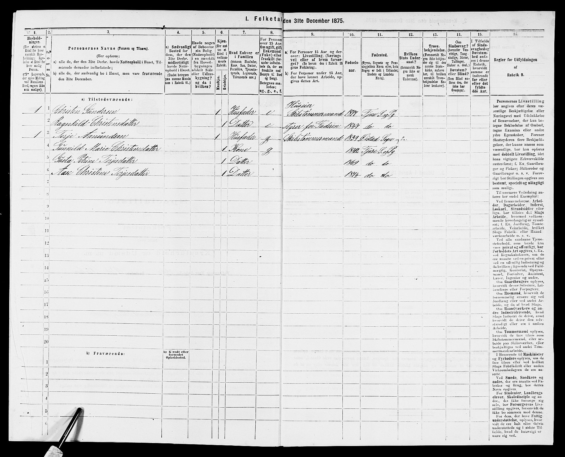 SAK, Folketelling 1875 for 0923L Fjære prestegjeld, Fjære sokn, 1875, s. 855