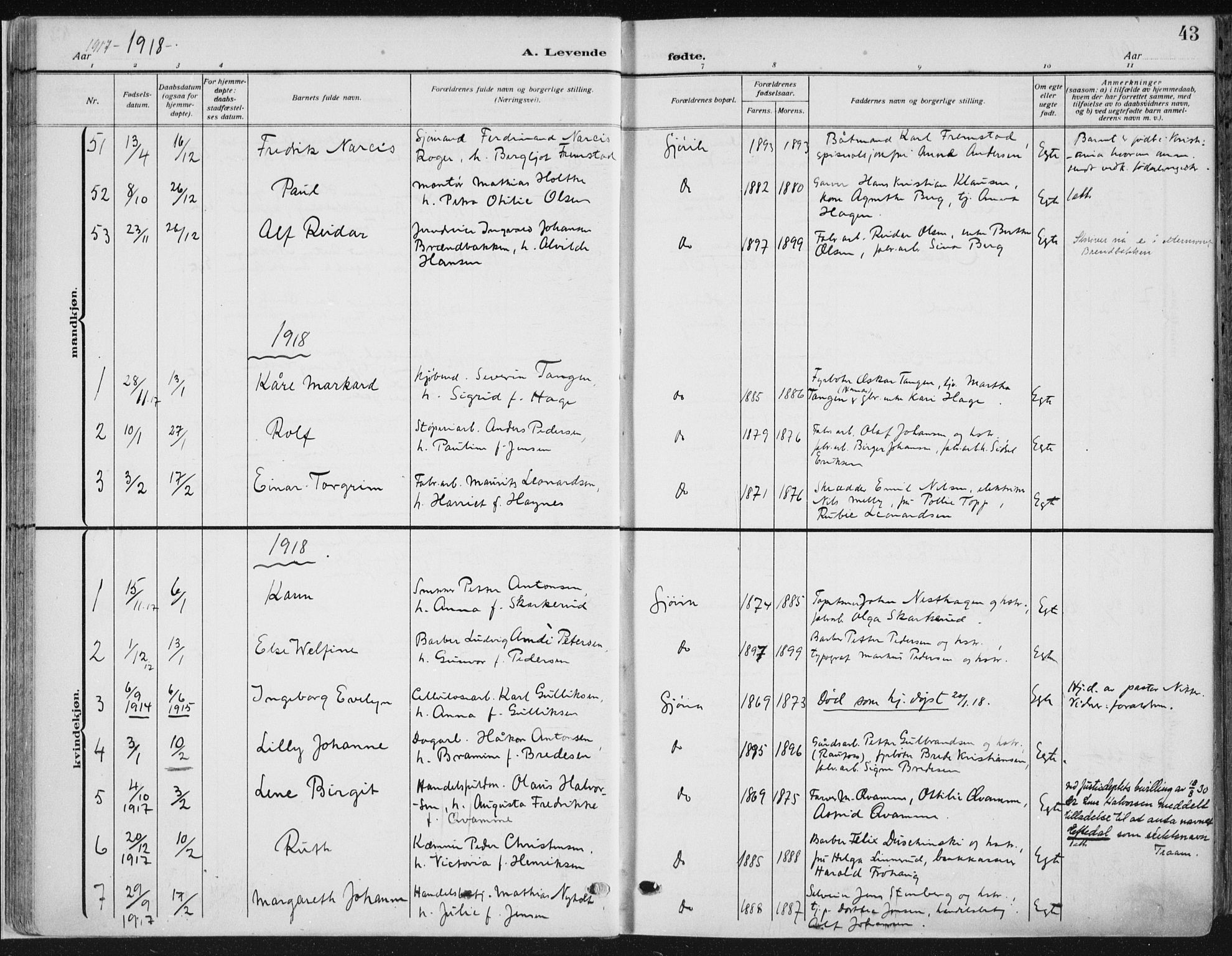 Vardal prestekontor, SAH/PREST-100/H/Ha/Haa/L0014: Ministerialbok nr. 14, 1912-1922, s. 43