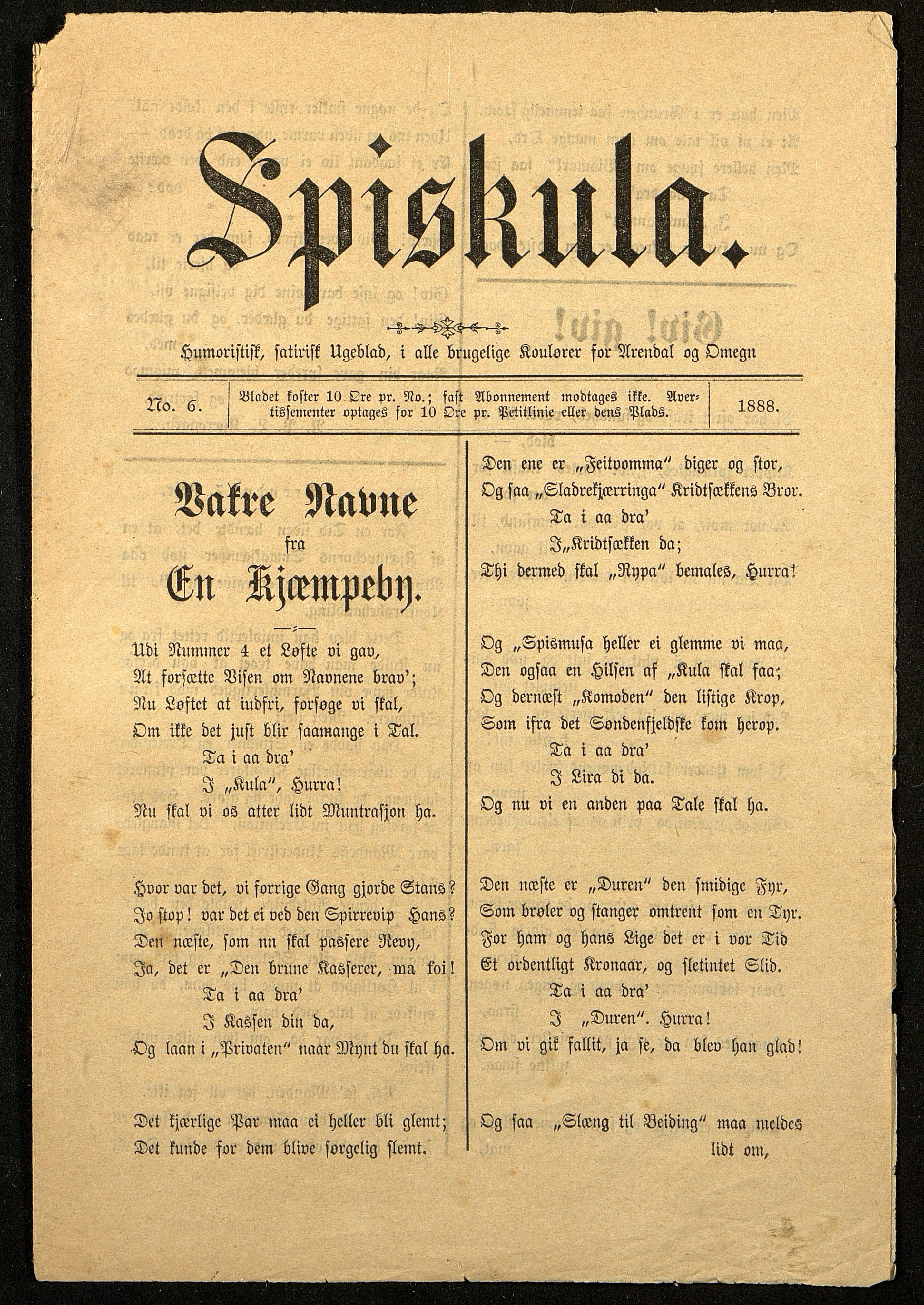 Spidskuglen, AAKS/PA-2823/X/L0001/0002: Spidskuglen / Årg. 1888, nr. 1–11, 16, 38, 43–46, 1888