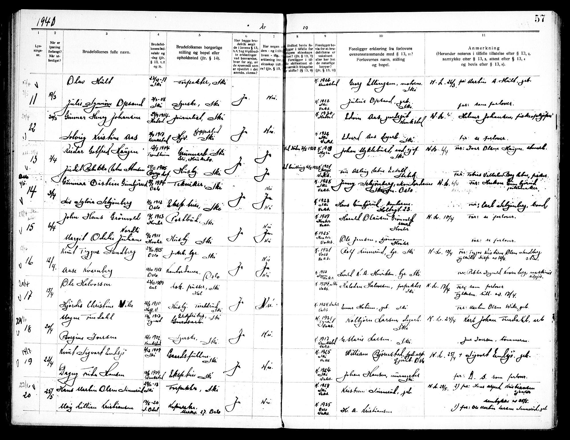 Kråkstad prestekontor Kirkebøker, SAO/A-10125a/H/Hb/L0001: Lysningsprotokoll nr. II 1, 1919-1952, s. 57