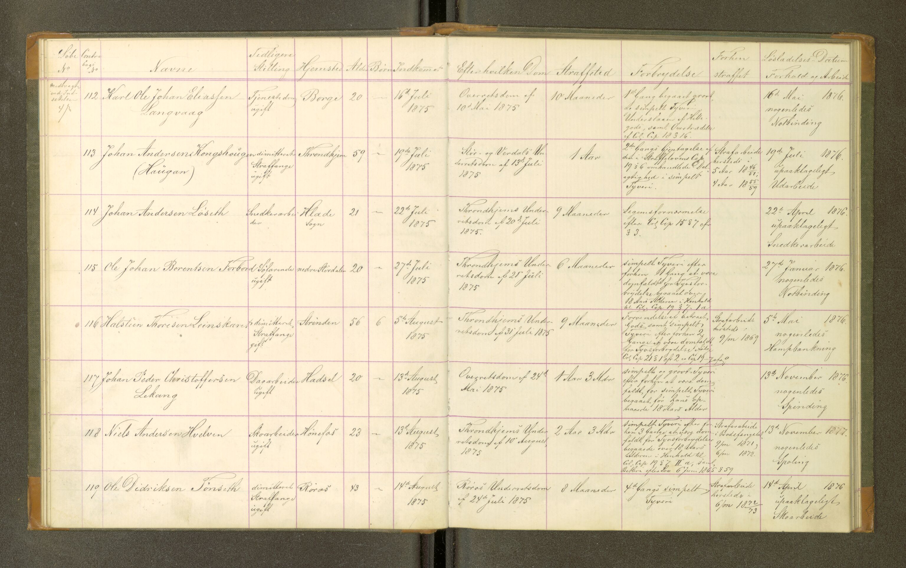 Trondheim tukthus, SAT/A-4619/05/65/L0031: 65.31 Fangeprotokoll, 1875