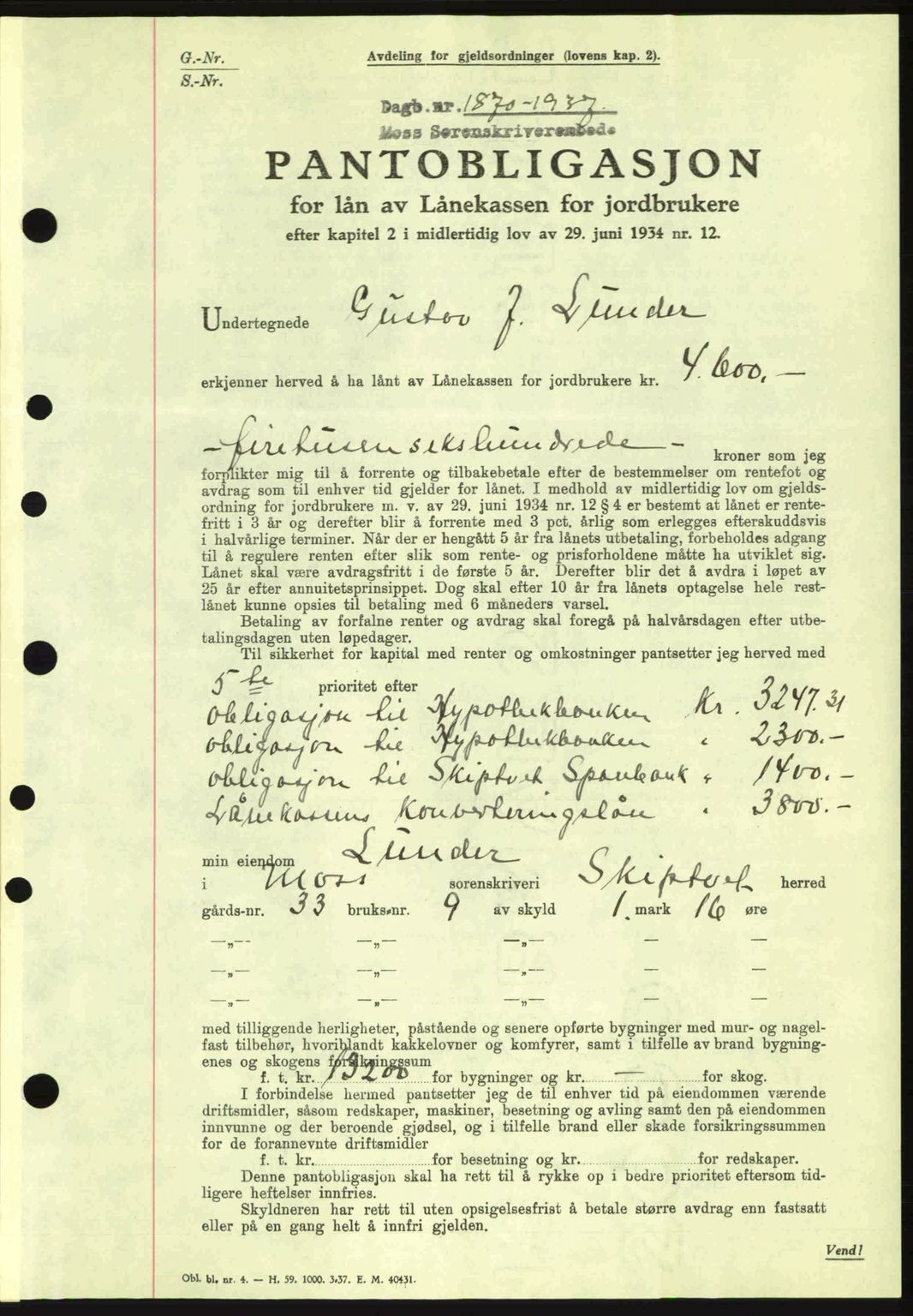 Moss sorenskriveri, SAO/A-10168: Pantebok nr. B4, 1937-1938, Dagboknr: 1870/1937