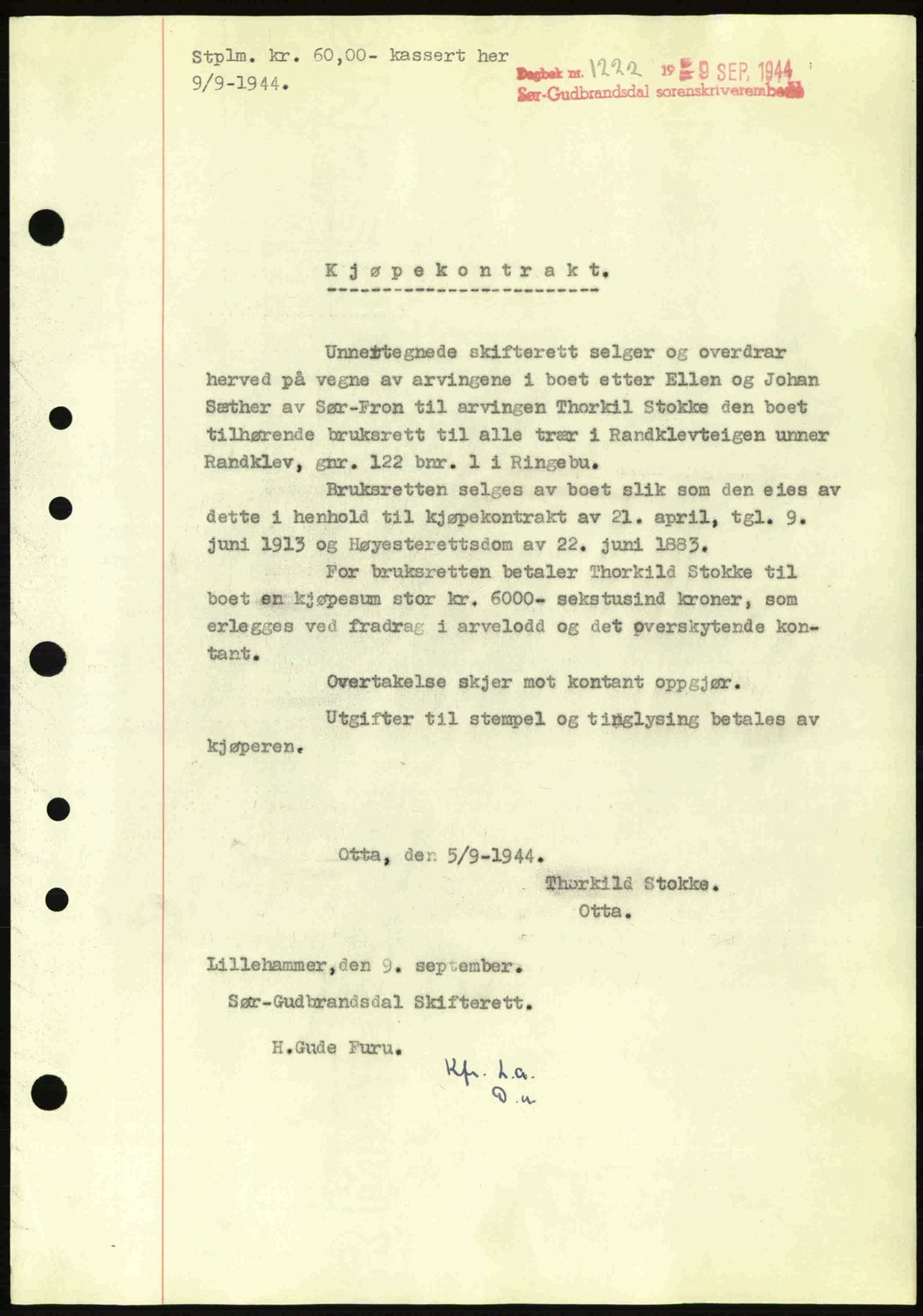 Sør-Gudbrandsdal tingrett, SAH/TING-004/H/Hb/Hbd/L0013: Pantebok nr. A13, 1944-1944, Dagboknr: 1222/1944