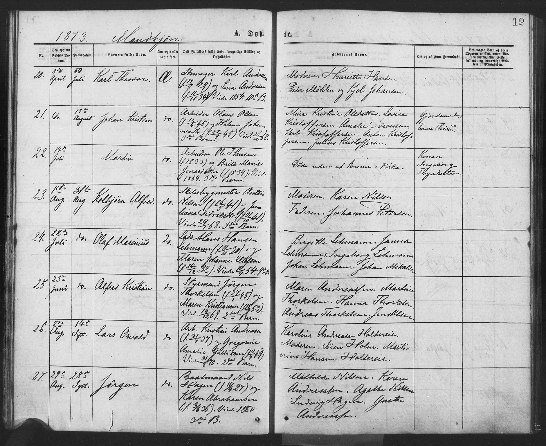 Drøbak prestekontor Kirkebøker, AV/SAO-A-10142a/F/Fa/L0003: Ministerialbok nr. I 3, 1871-1877, s. 12
