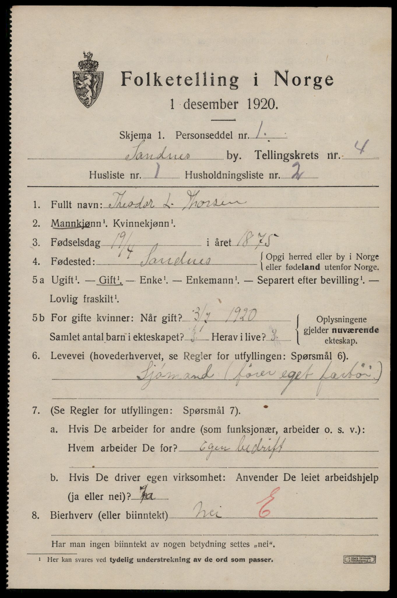 SAST, Folketelling 1920 for 1102 Sandnes ladested, 1920, s. 4212