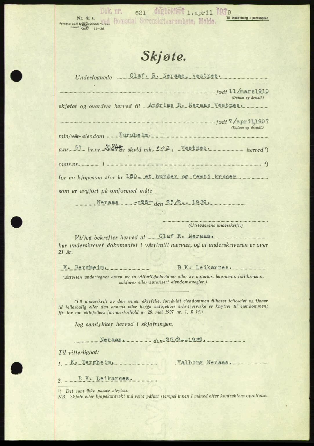 Romsdal sorenskriveri, AV/SAT-A-4149/1/2/2C: Pantebok nr. A6, 1938-1939, Dagboknr: 621/1939