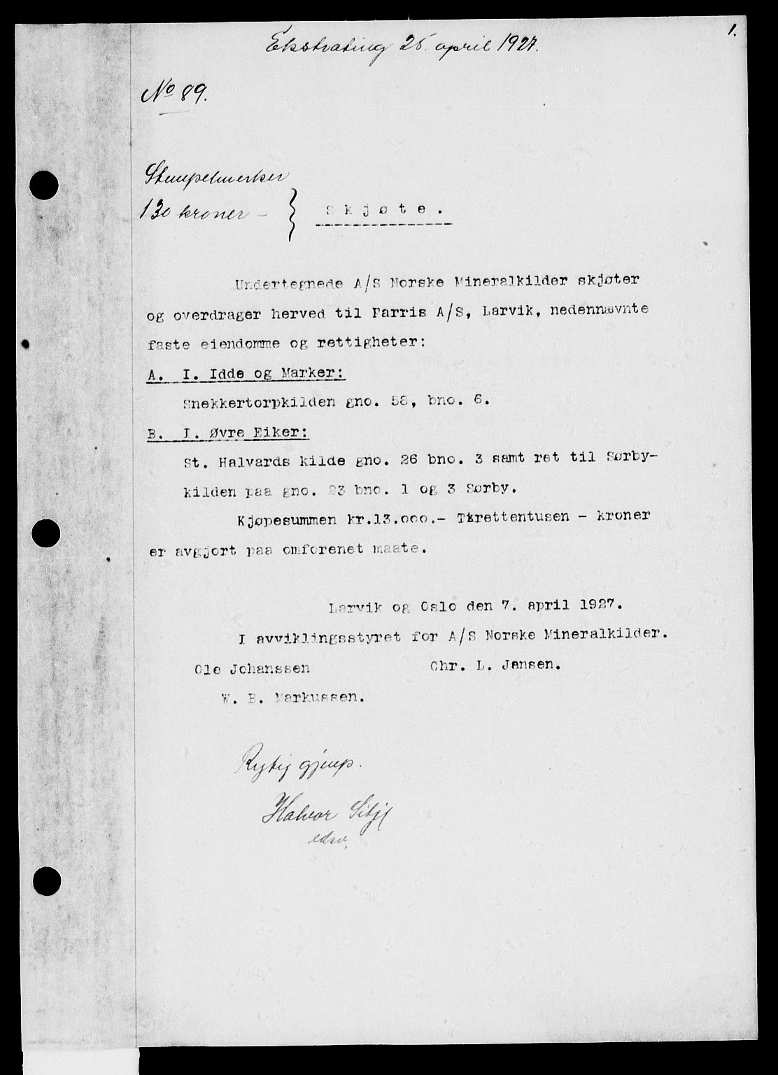 Eiker, Modum og Sigdal sorenskriveri, SAKO/A-123/G/Ga/Gab/L0015: Pantebok nr. II 15, 1927-1928, s. 1