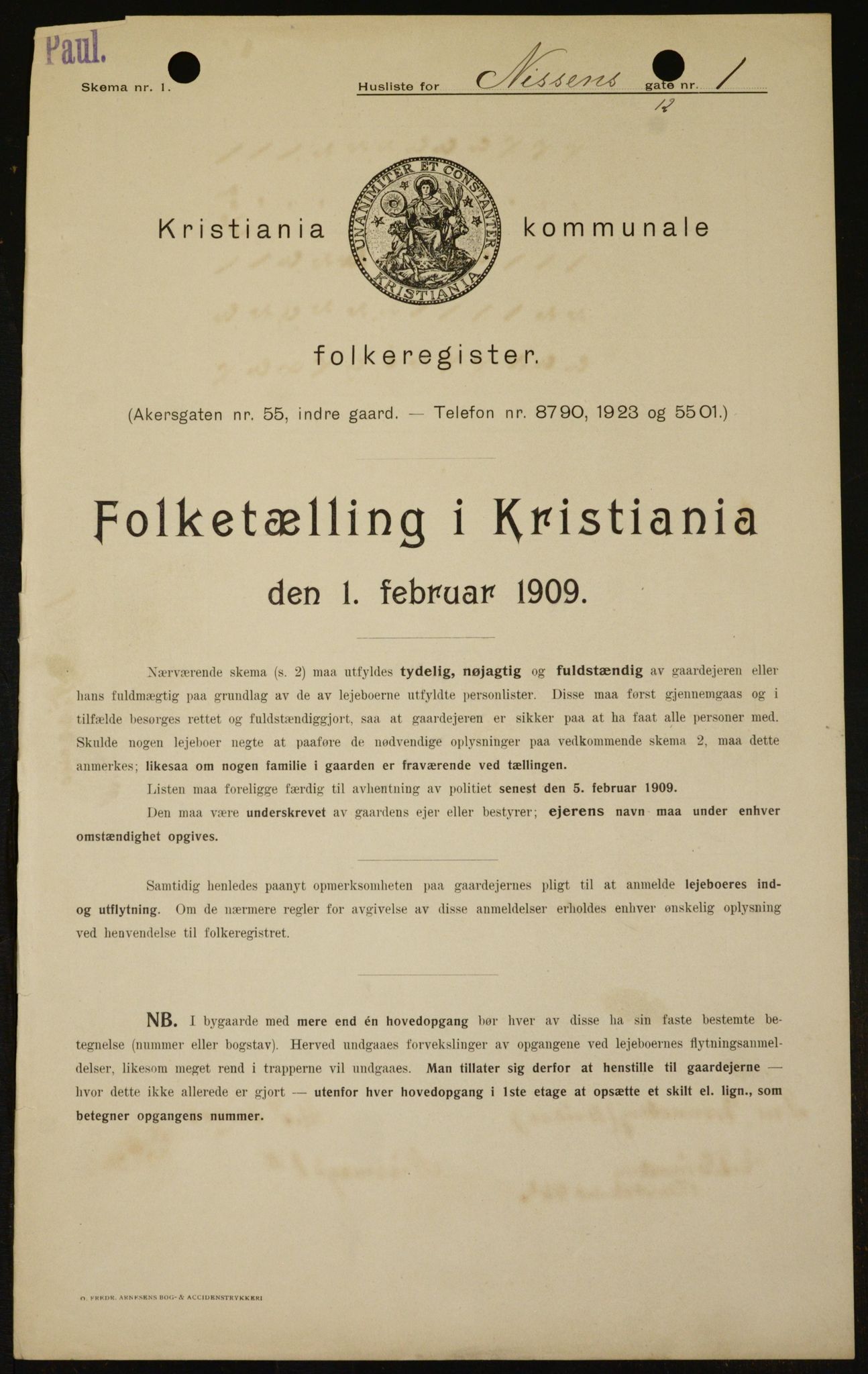 OBA, Kommunal folketelling 1.2.1909 for Kristiania kjøpstad, 1909, s. 64358