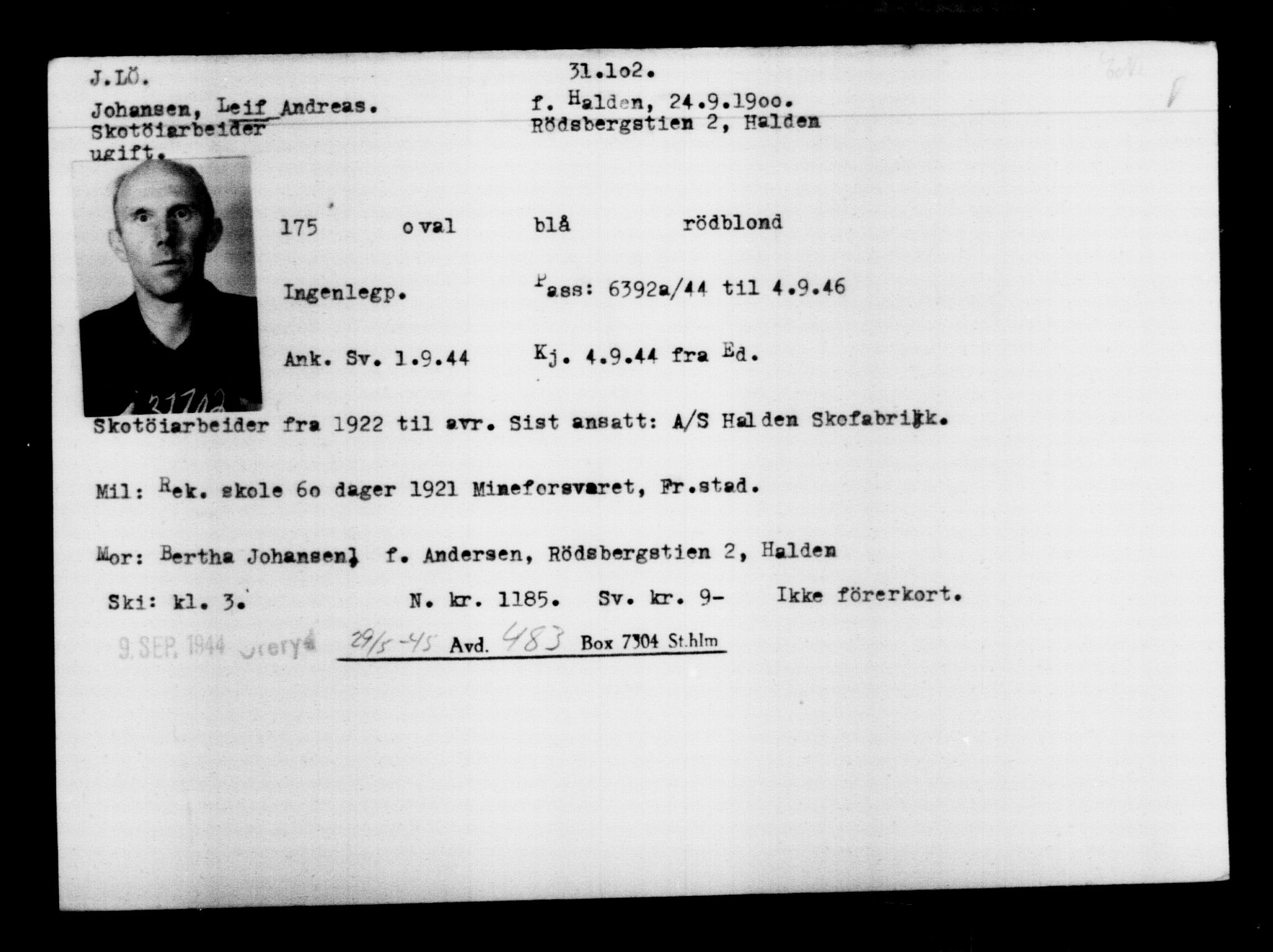 Utenriksstasjonene, Legasjonen i Stockholm, Flyktningkontoret, AV/RA-S-6753/V/Va/L0012: Kjesäterkartoteket, flyktninger med registreringsnr. 28300-31566, 1940-1945, s. 3036