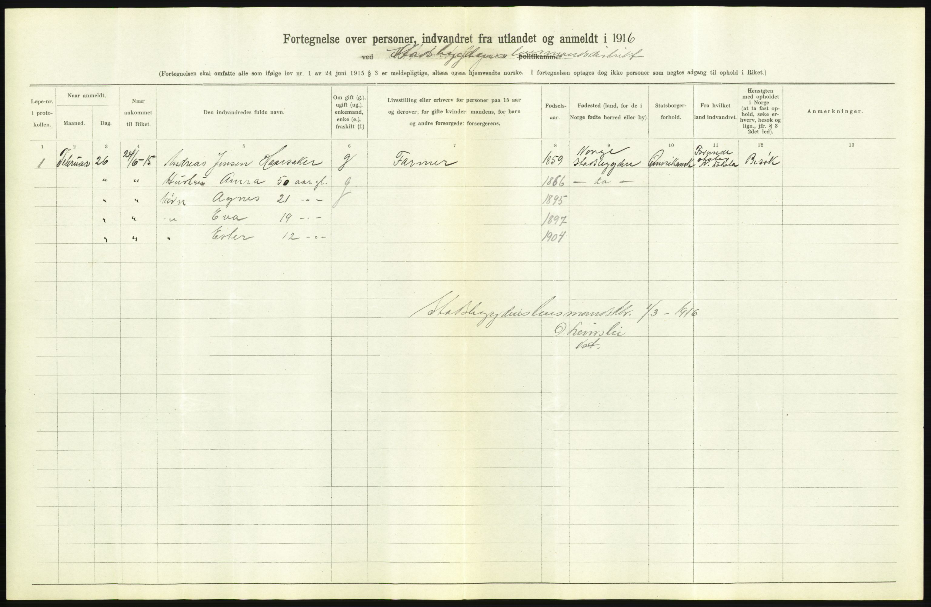 Statistisk sentralbyrå, Sosioøkonomiske emner, Folketellinger, boliger og boforhold, AV/RA-S-2231/F/Fa/L0001: Innvandring. Navn/fylkesvis, 1915, s. 502