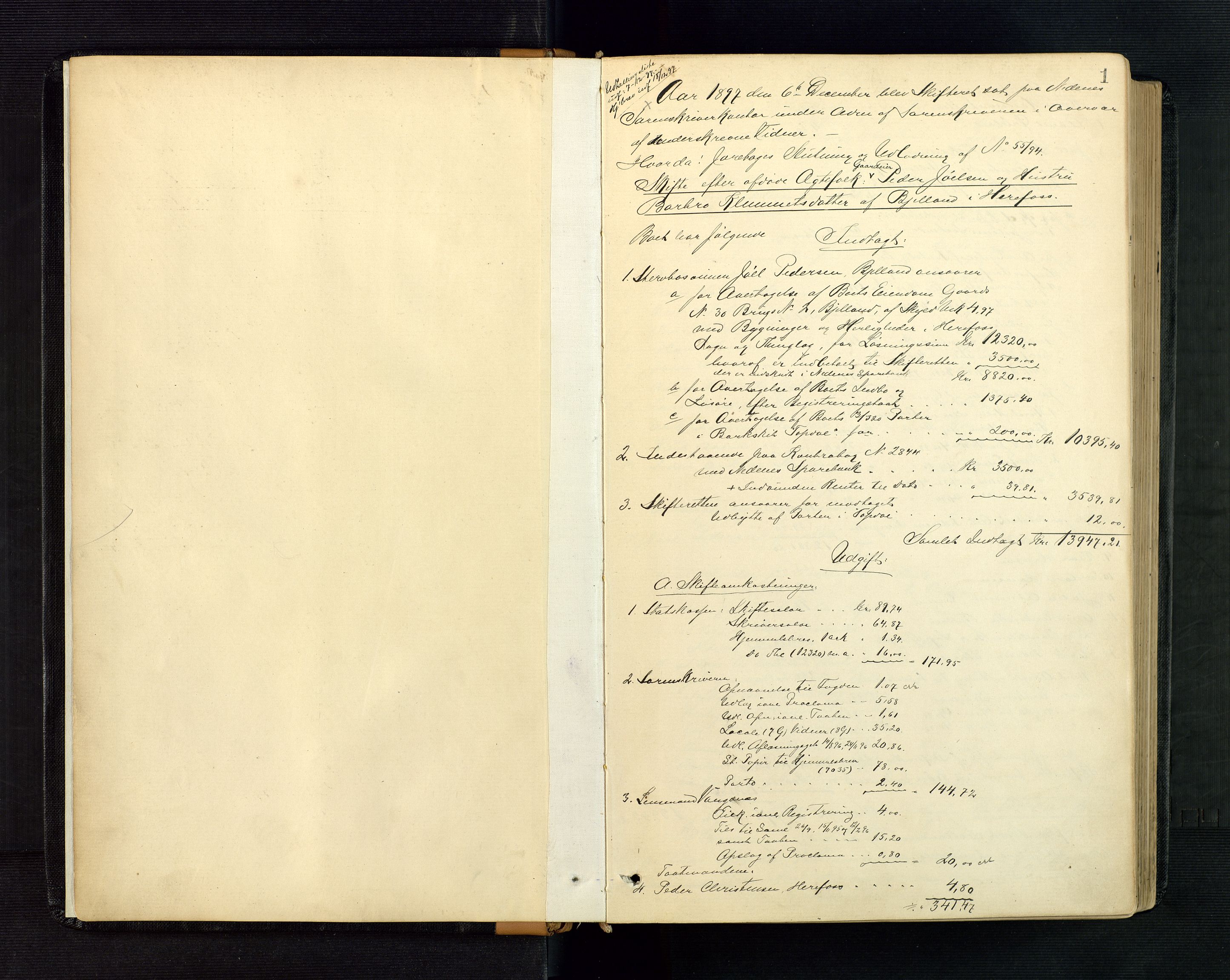 Nedenes sorenskriveri, SAK/1221-0006/H/Hc/L0019: Skifteutlodningsprotokoll nr 5 med register, 1897-1904, s. 1