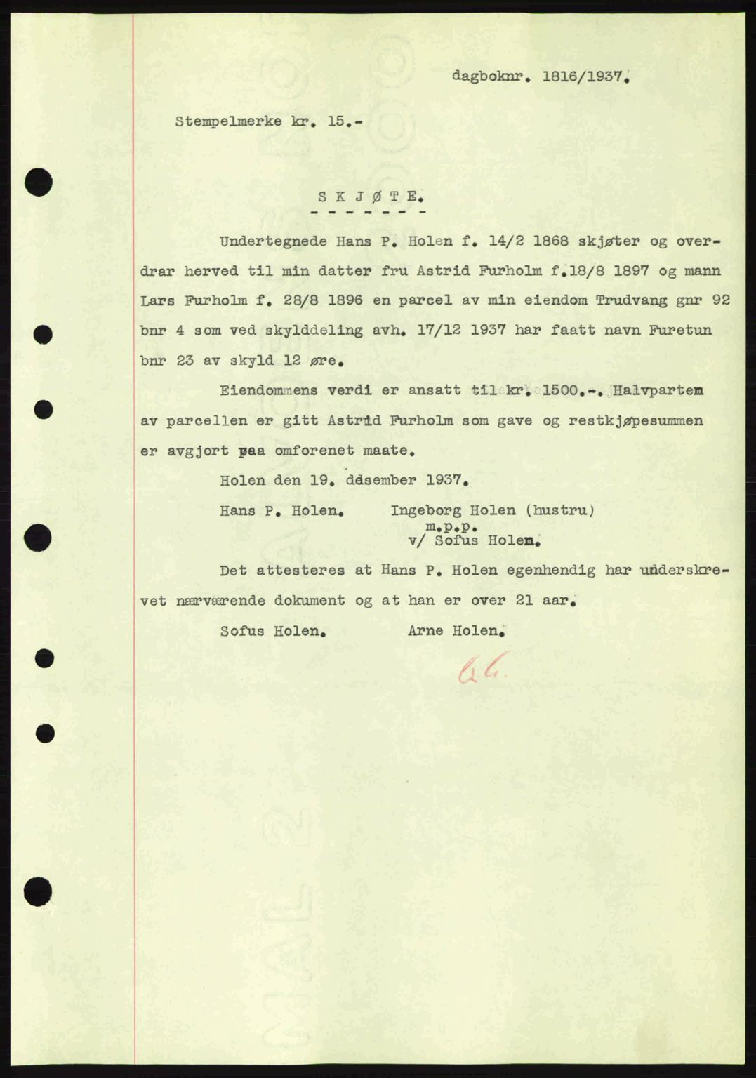 Nordre Sunnmøre sorenskriveri, AV/SAT-A-0006/1/2/2C/2Ca: Pantebok nr. A4, 1937-1938, Dagboknr: 1816/1937