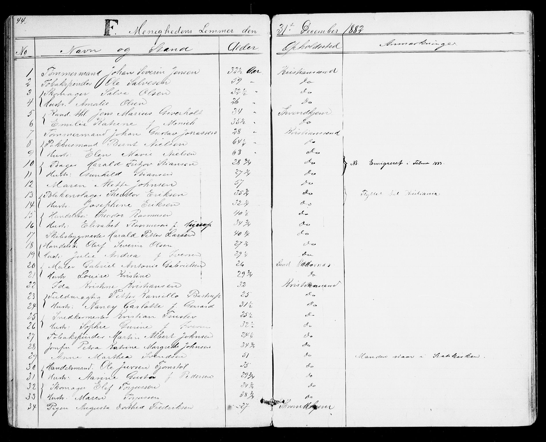 Den evangelisk-lutherske frikirke, Kristiansand, AV/SAK-1292-0017/F/Fa/L0001: Dissenterprotokoll nr. F 9, 1877-1888, s. 44