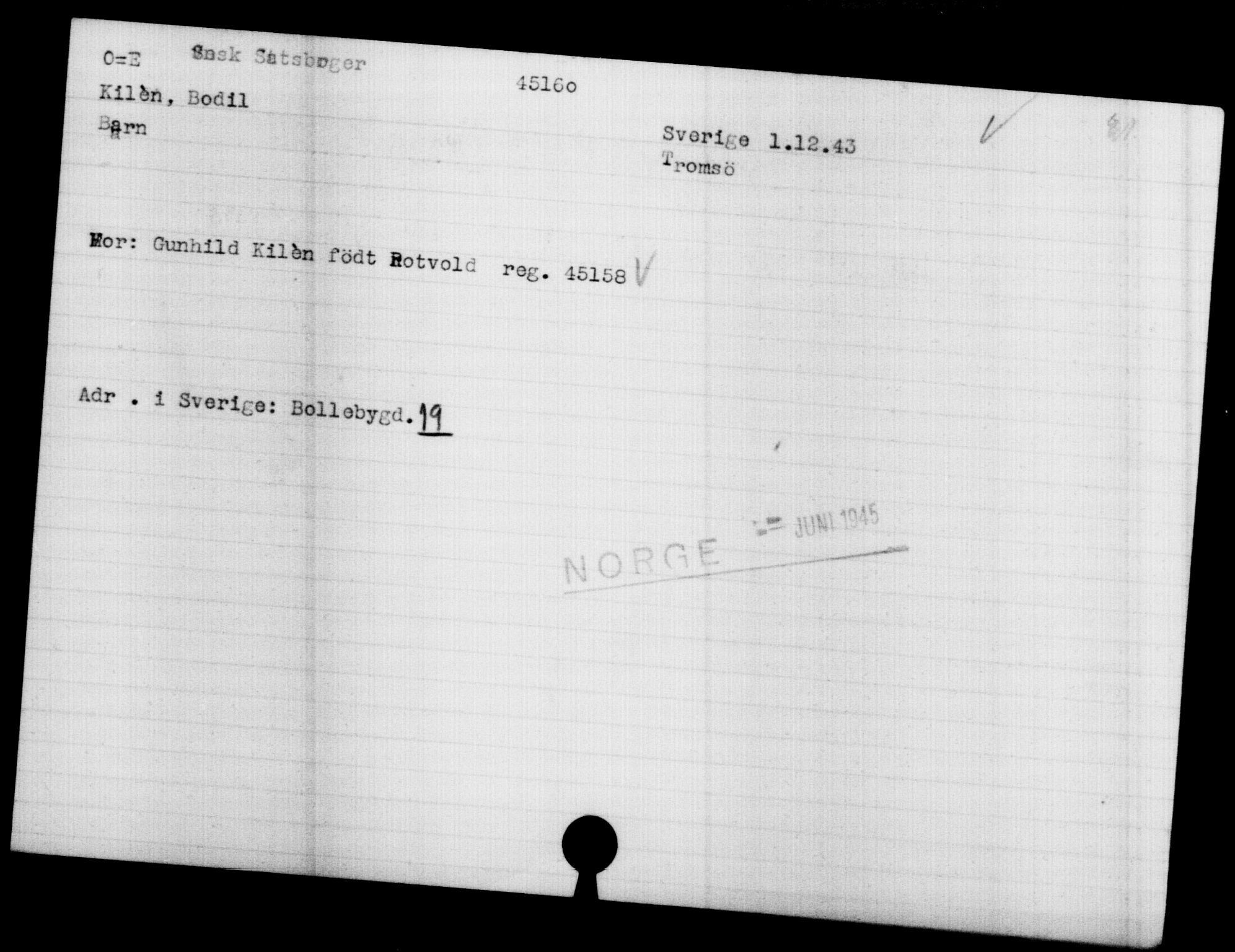 Utenriksstasjonene, Legasjonen i Stockholm, Flyktningkontoret, AV/RA-S-6753/V/Va/L0017: Kjesäterkartoteket, flyktninger med registreringsnr. 43400-46318, 1940-1945, s. 1839