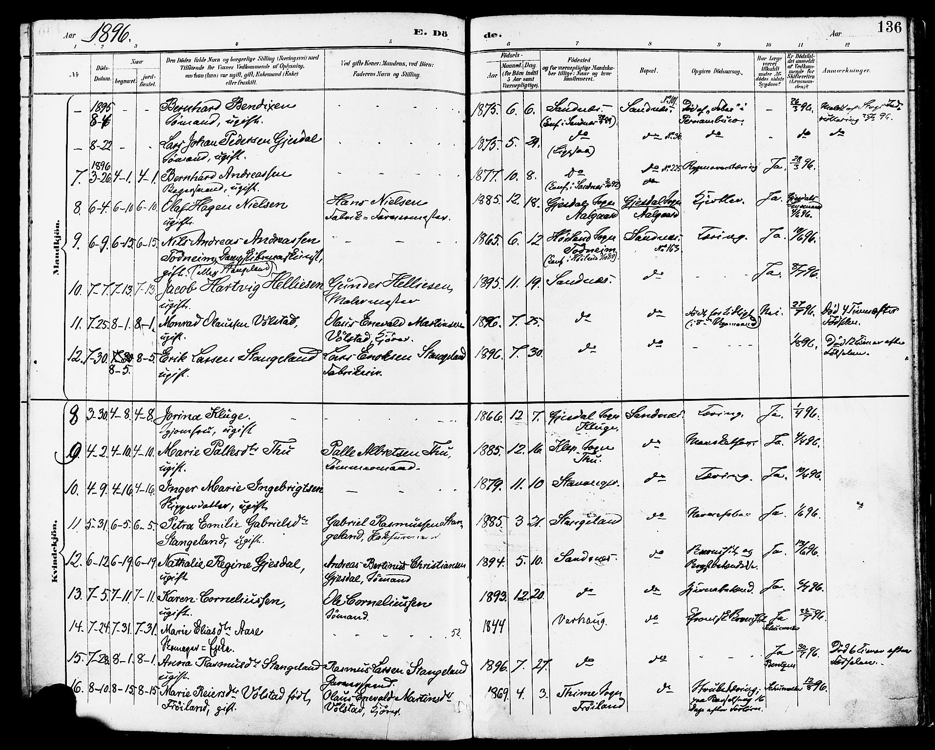 Høyland sokneprestkontor, AV/SAST-A-101799/001/30BA/L0014: Ministerialbok nr. A 12, 1890-1898, s. 136