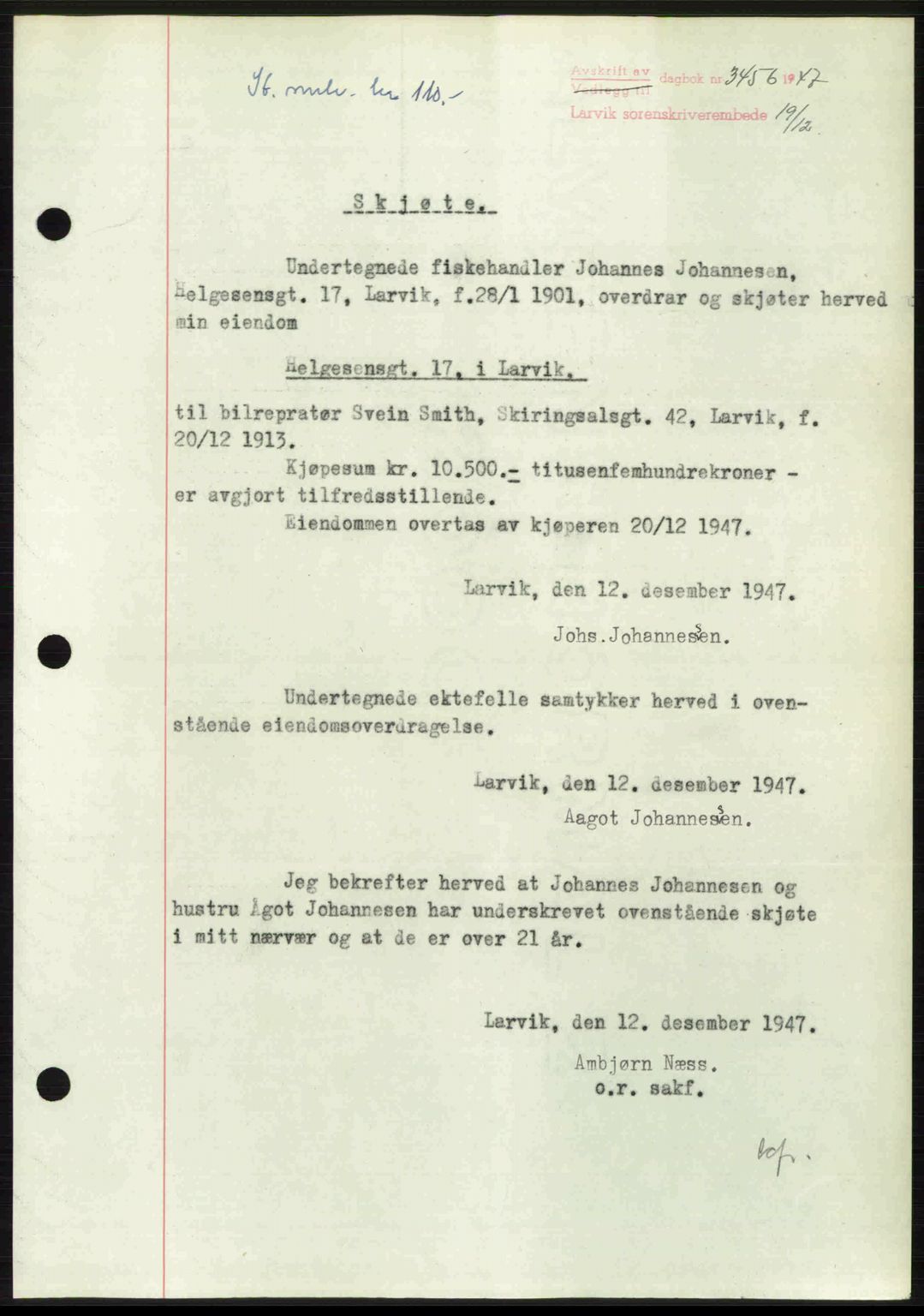 Larvik sorenskriveri, SAKO/A-83/G/Ga/Gab/L0085: Pantebok nr. A-19, 1947-1948, Dagboknr: 3456/1947