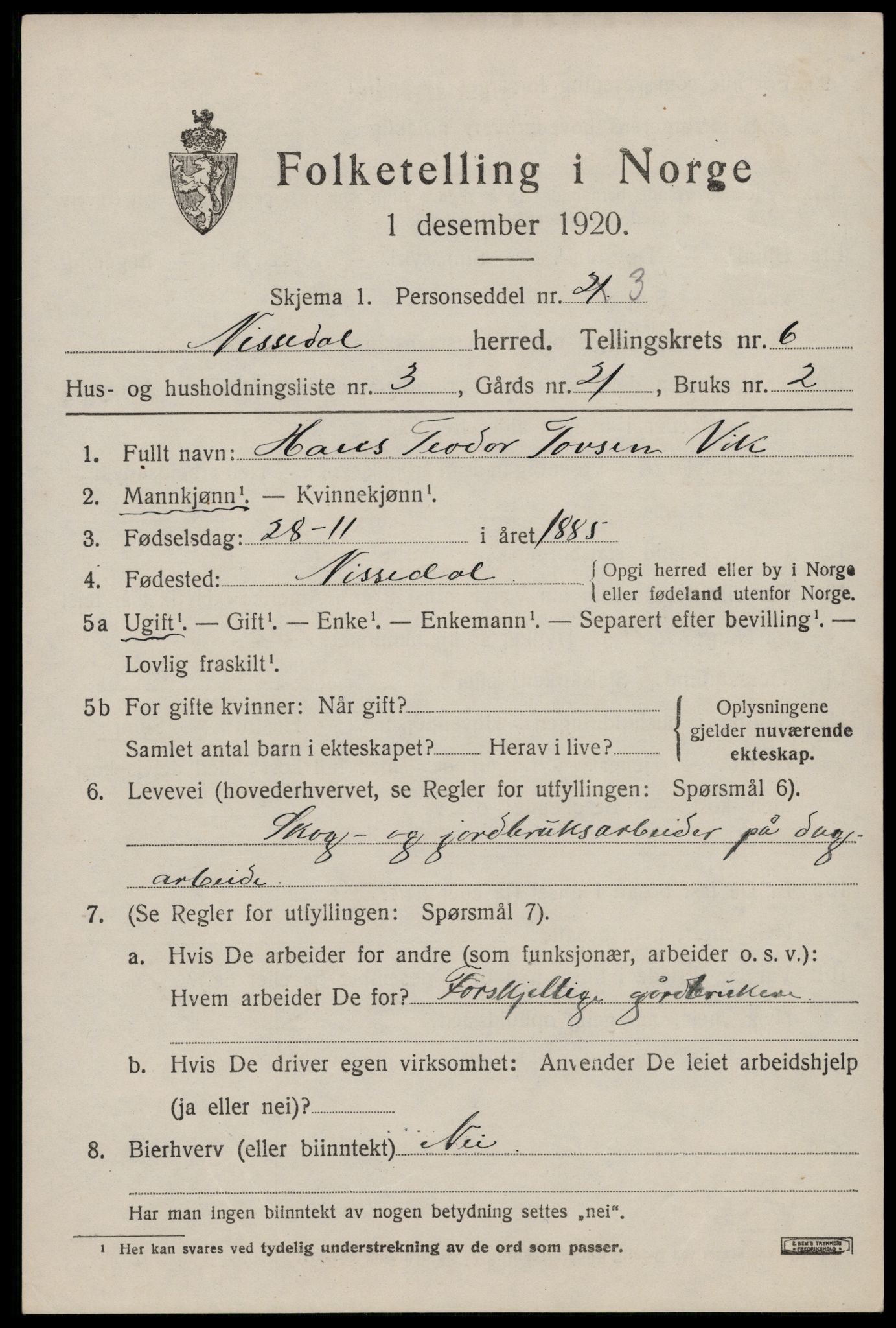 SAKO, Folketelling 1920 for 0830 Nissedal herred, 1920, s. 2311