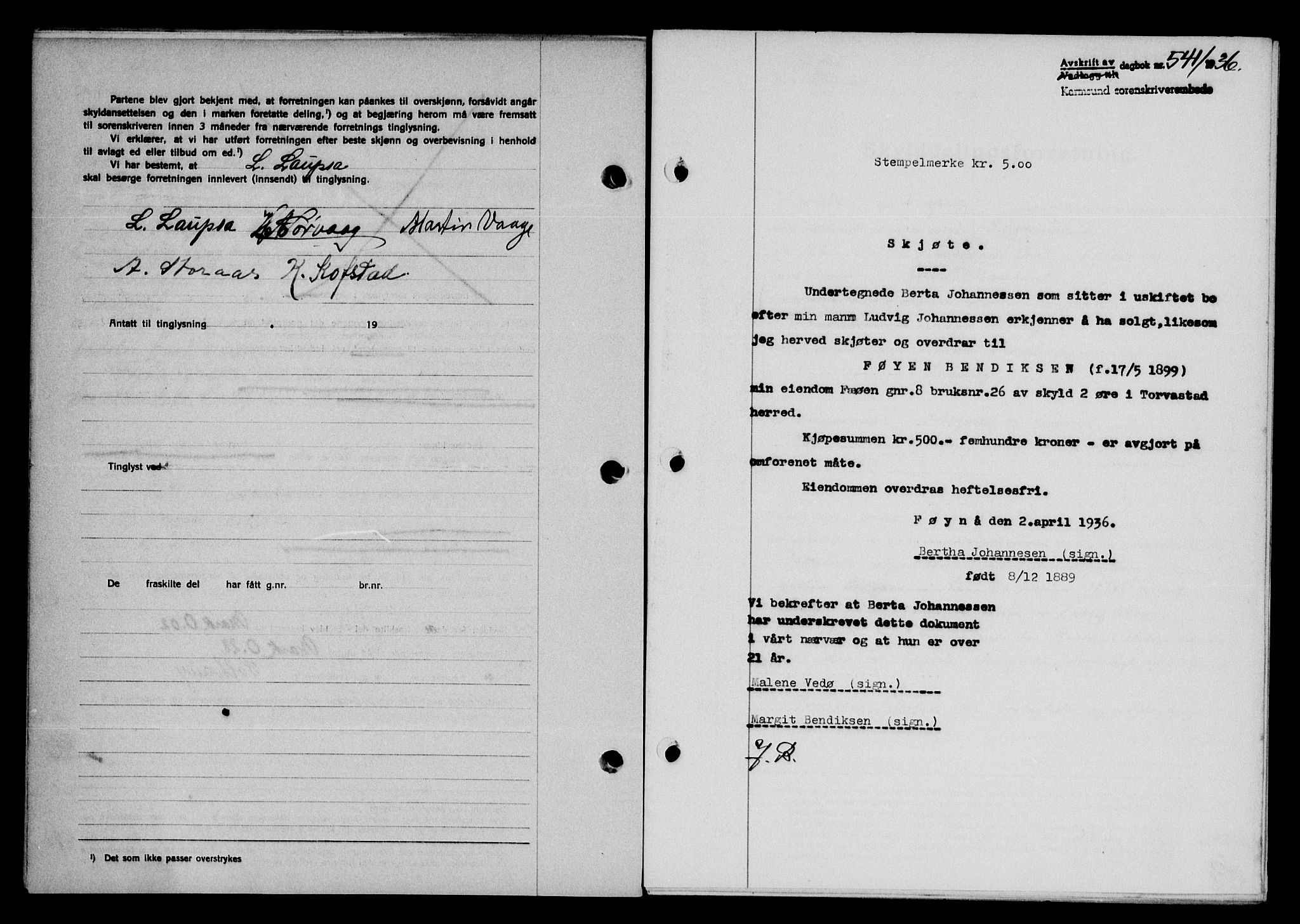 Karmsund sorenskriveri, SAST/A-100311/01/II/IIB/L0066: Pantebok nr. 47A, 1936-1936, Dagboknr: 541/1936