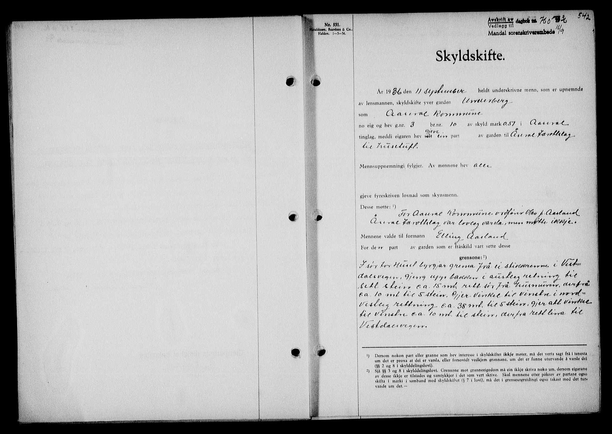 Mandal sorenskriveri, SAK/1221-0005/001/G/Gb/Gba/L0070: Pantebok nr. A-7, 1936-1937, Dagboknr: 760/1936