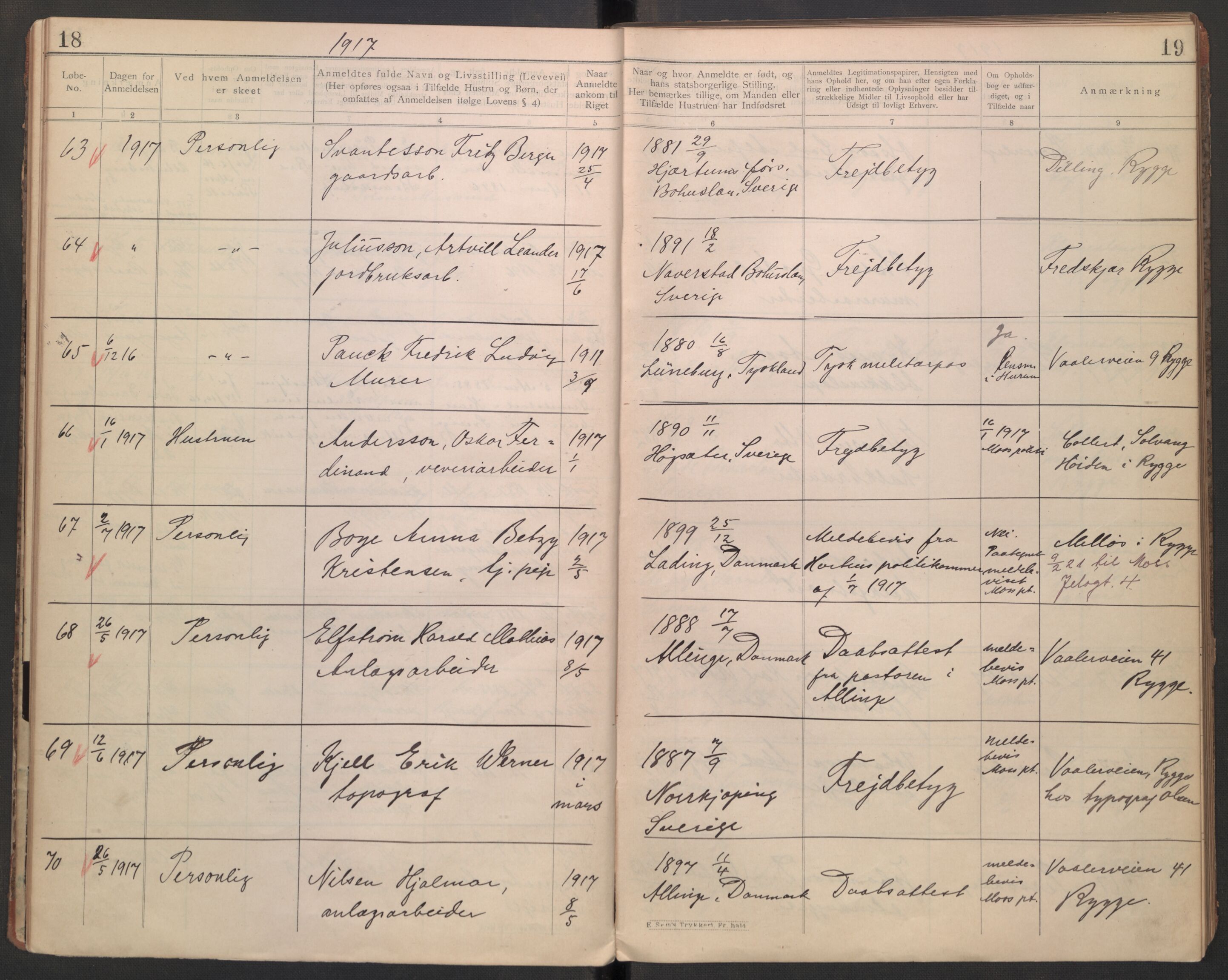 Rygge lensmannskontor, AV/SAO-A-10005/I/Ic/Ica/L0002: Protokoll over fremmede statsborgere, 1902-1928, s. 18-19