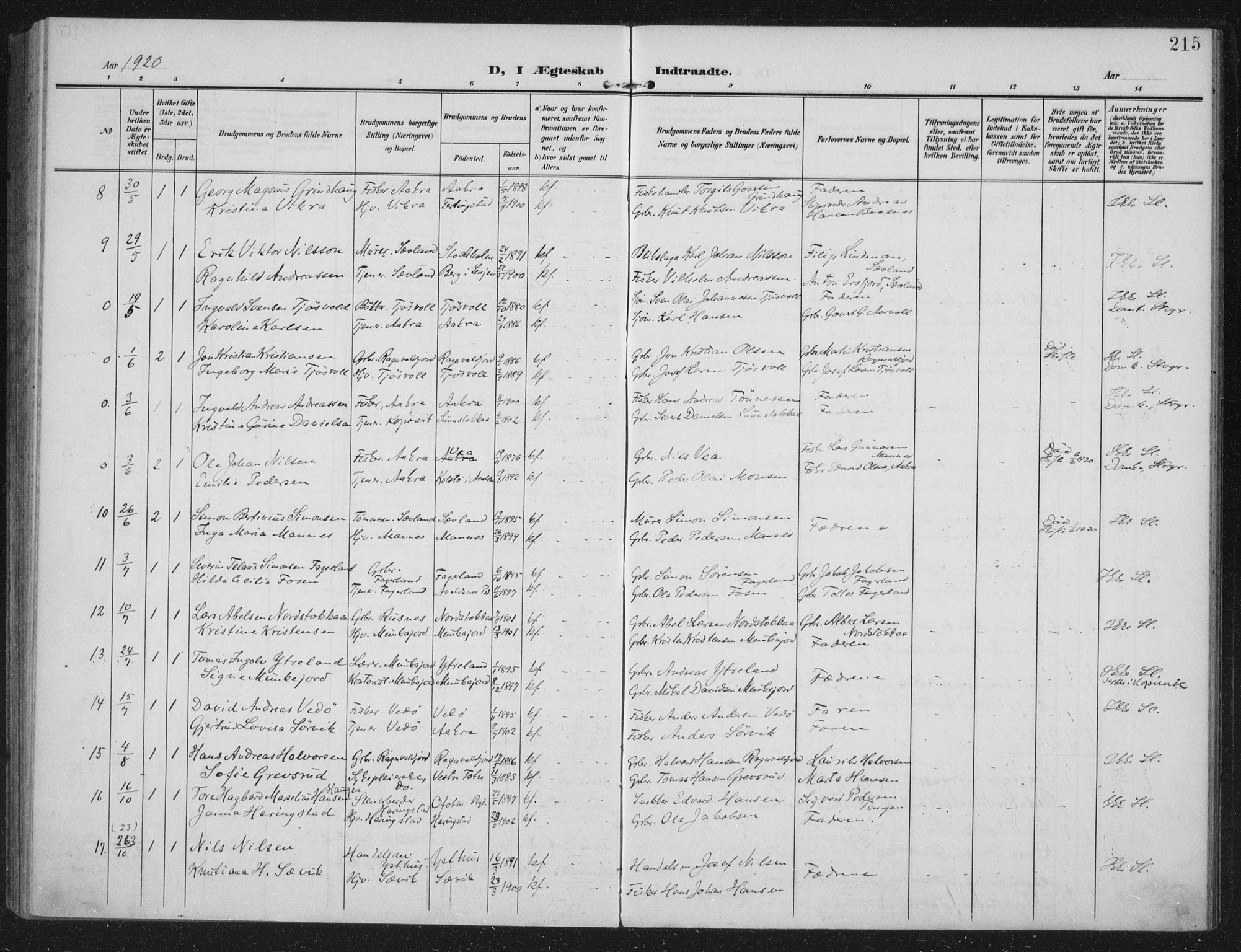 Kopervik sokneprestkontor, AV/SAST-A-101850/H/Ha/Haa/L0005: Ministerialbok nr. A 5, 1906-1924, s. 215