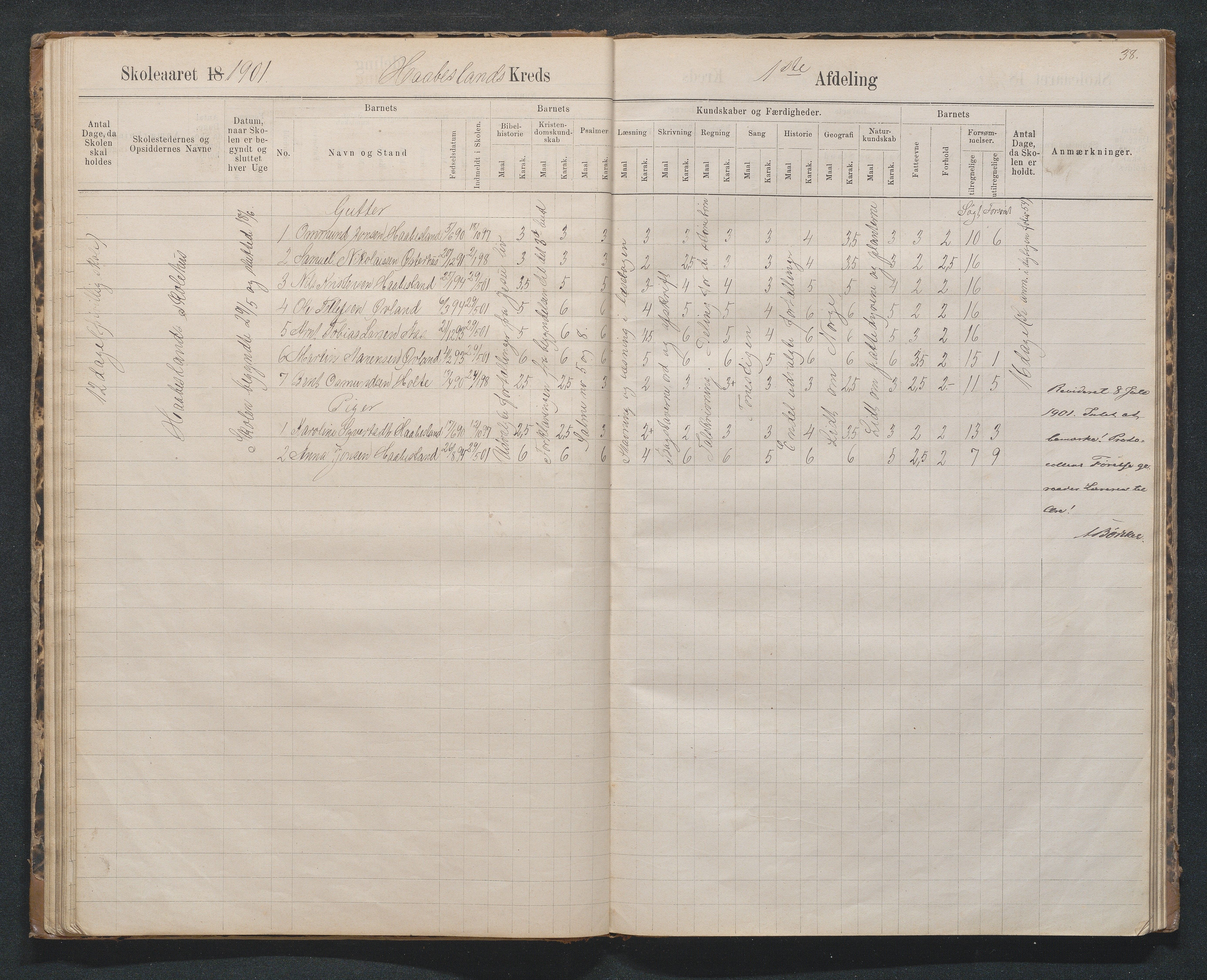 Birkenes kommune, Håbesland, Holte og Rislå skolekretser frem til 1991, AAMA/KA0928-550c_91/F02/L0002: Skoleprotokoll Håbesland, Holte og Rislå, 1888-1917, s. 38