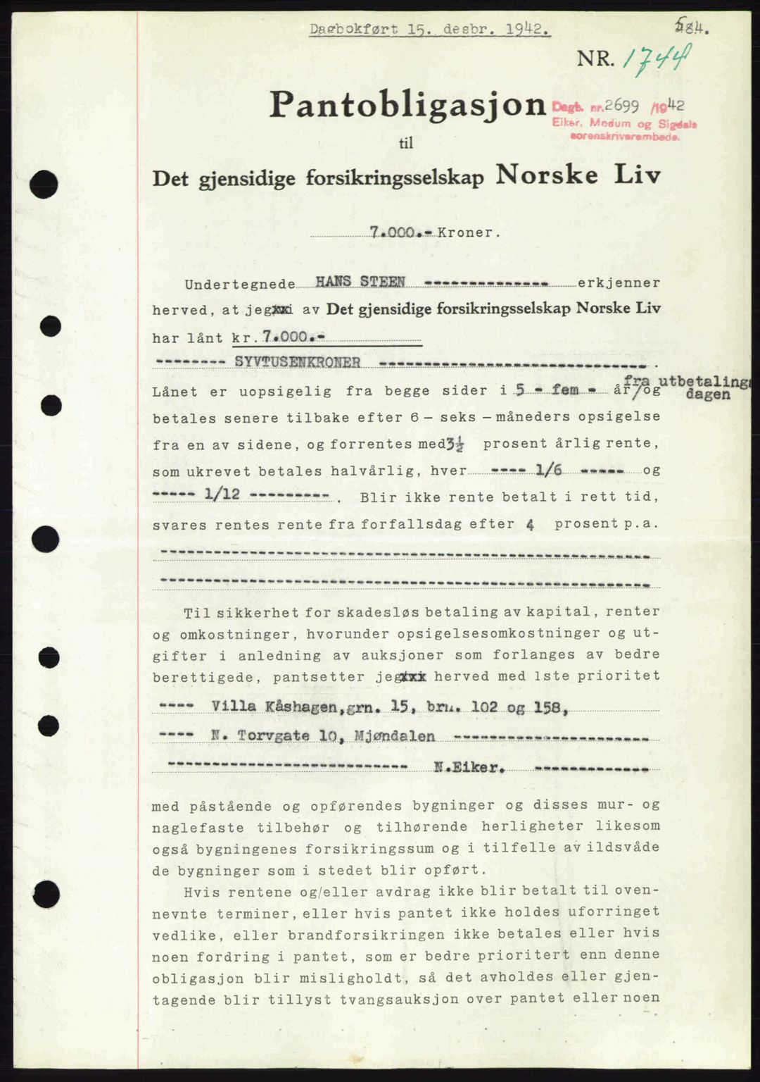 Eiker, Modum og Sigdal sorenskriveri, SAKO/A-123/G/Ga/Gab/L0047: Pantebok nr. A17, 1942-1943, Dagboknr: 2699/1942