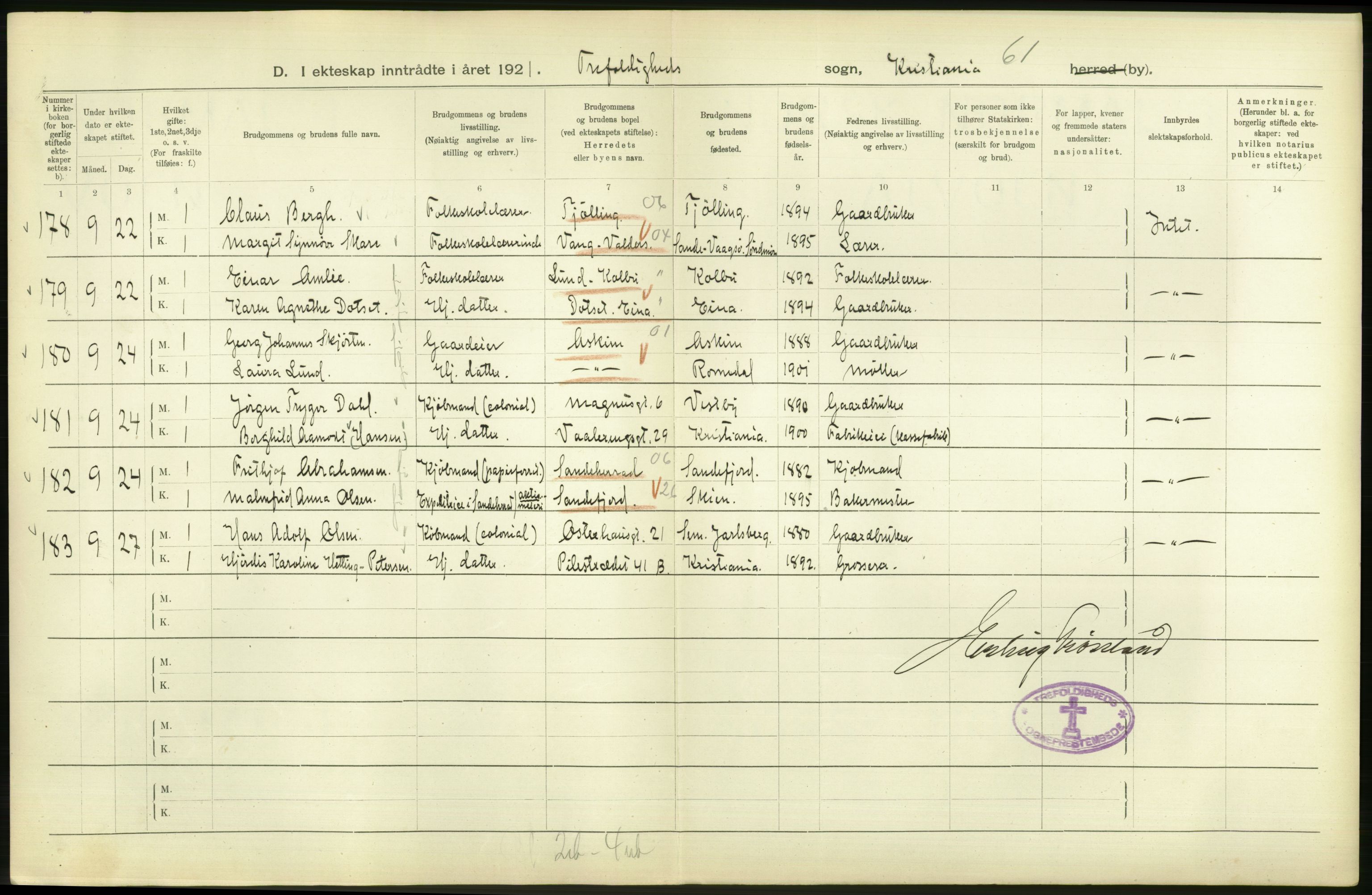 Statistisk sentralbyrå, Sosiodemografiske emner, Befolkning, AV/RA-S-2228/D/Df/Dfc/Dfca/L0011: Kristiania: Gifte, 1921, s. 44