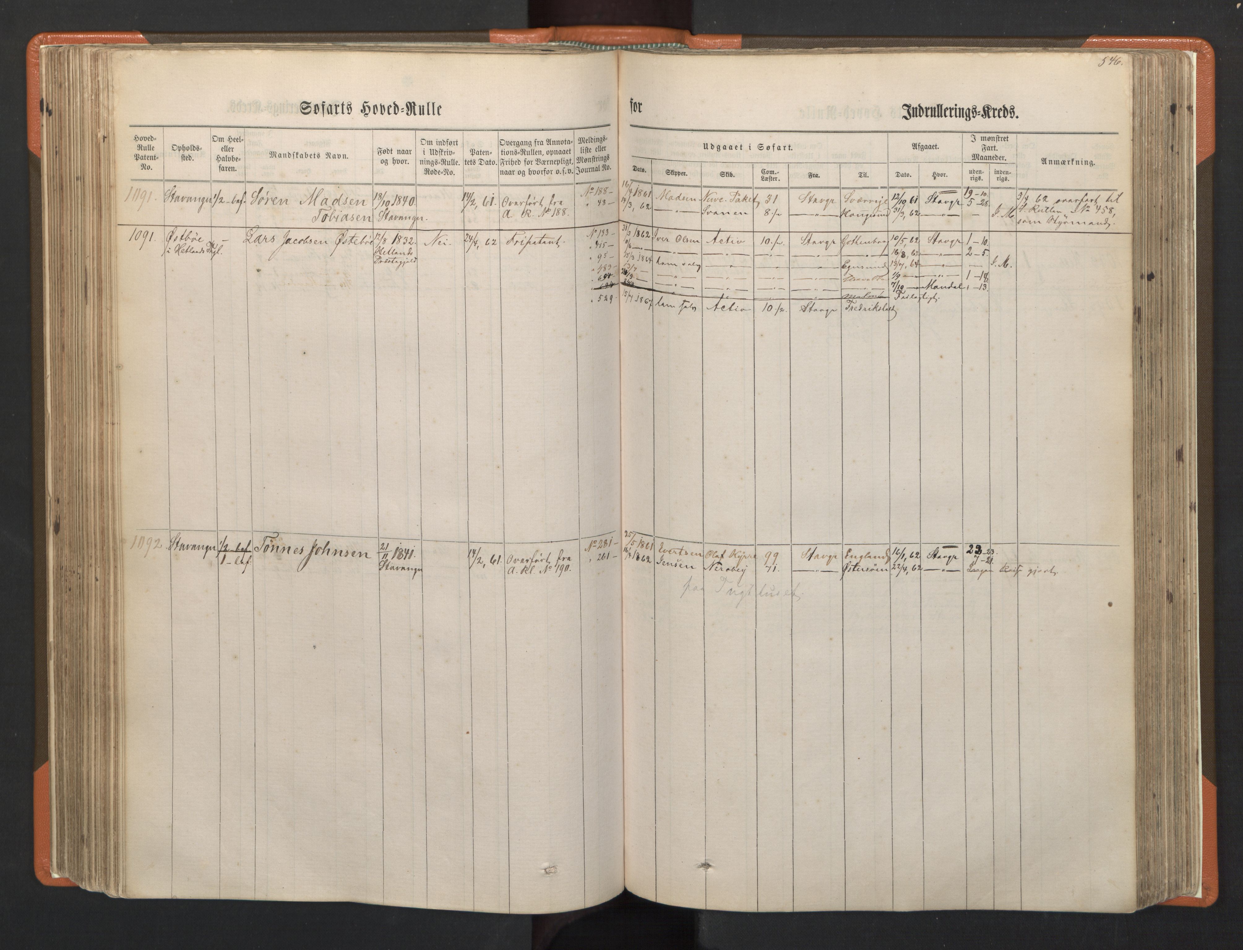 Stavanger sjømannskontor, AV/SAST-A-102006/F/Fb/Fbb/L0002: Sjøfartshovedrulle, patentnr. 721-1450 (del 2), 1863, s. 190