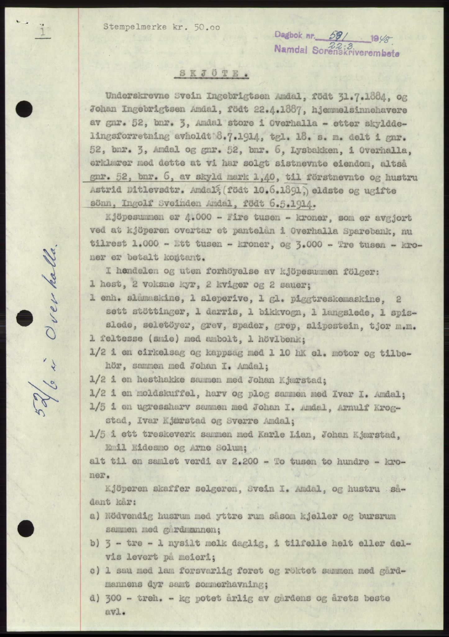 Namdal sorenskriveri, SAT/A-4133/1/2/2C: Pantebok nr. -, 1947-1948, Dagboknr: 591/1948