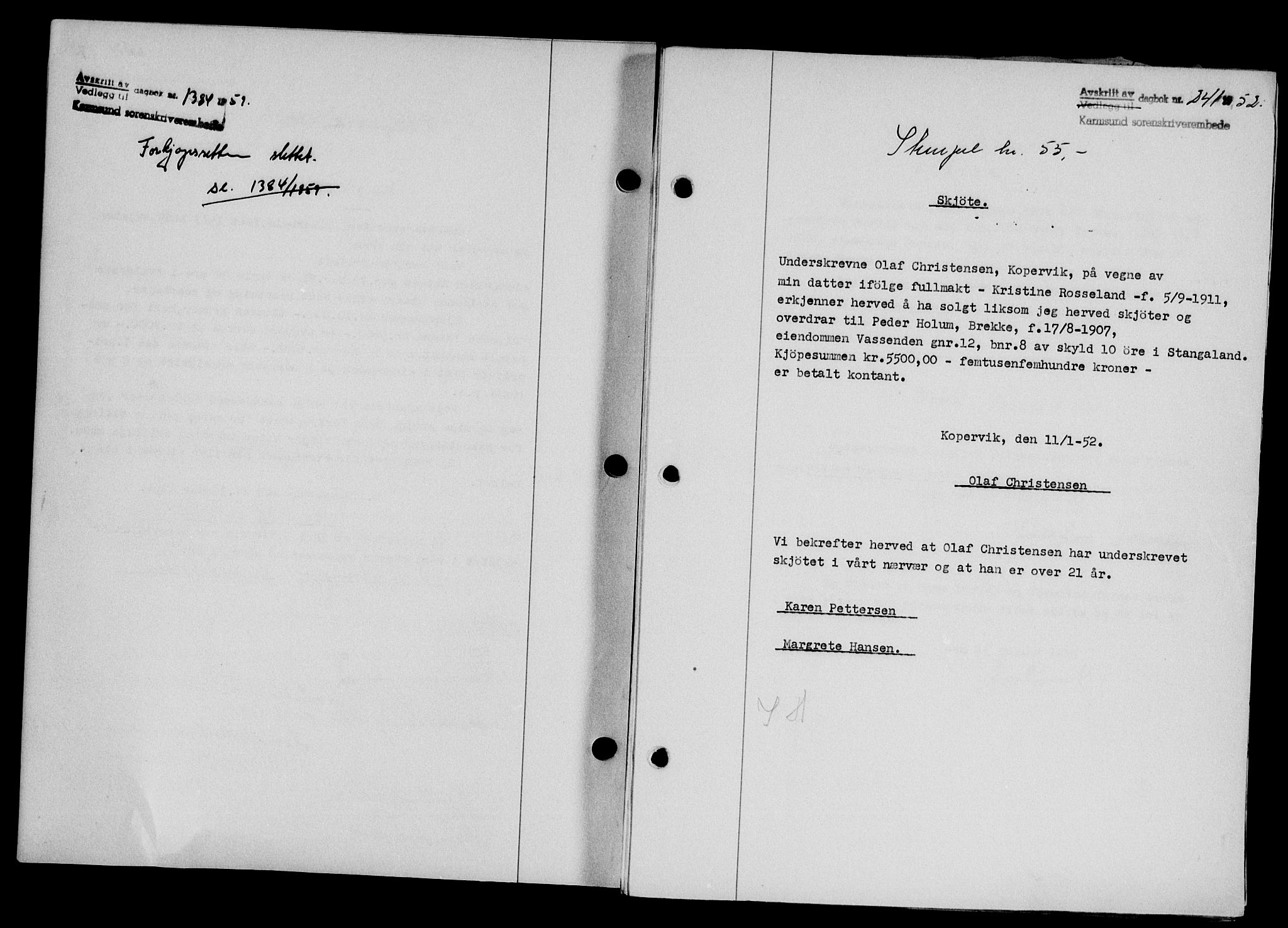 Karmsund sorenskriveri, SAST/A-100311/01/II/IIB/L0104: Pantebok nr. 84A, 1951-1952, Dagboknr: 241/1952