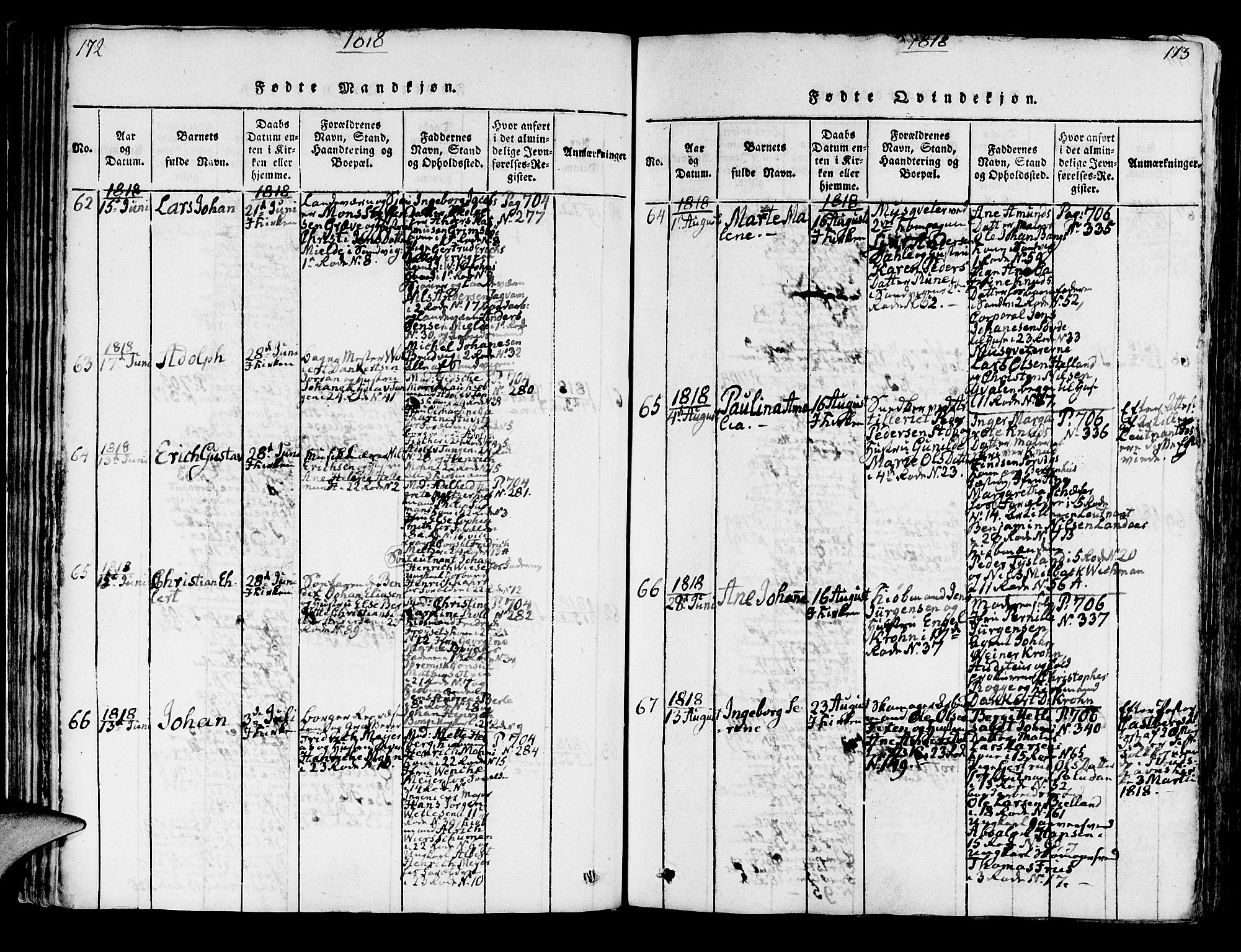 Korskirken sokneprestembete, AV/SAB-A-76101/H/Hab: Klokkerbok nr. A 1b, 1815-1821, s. 172-173