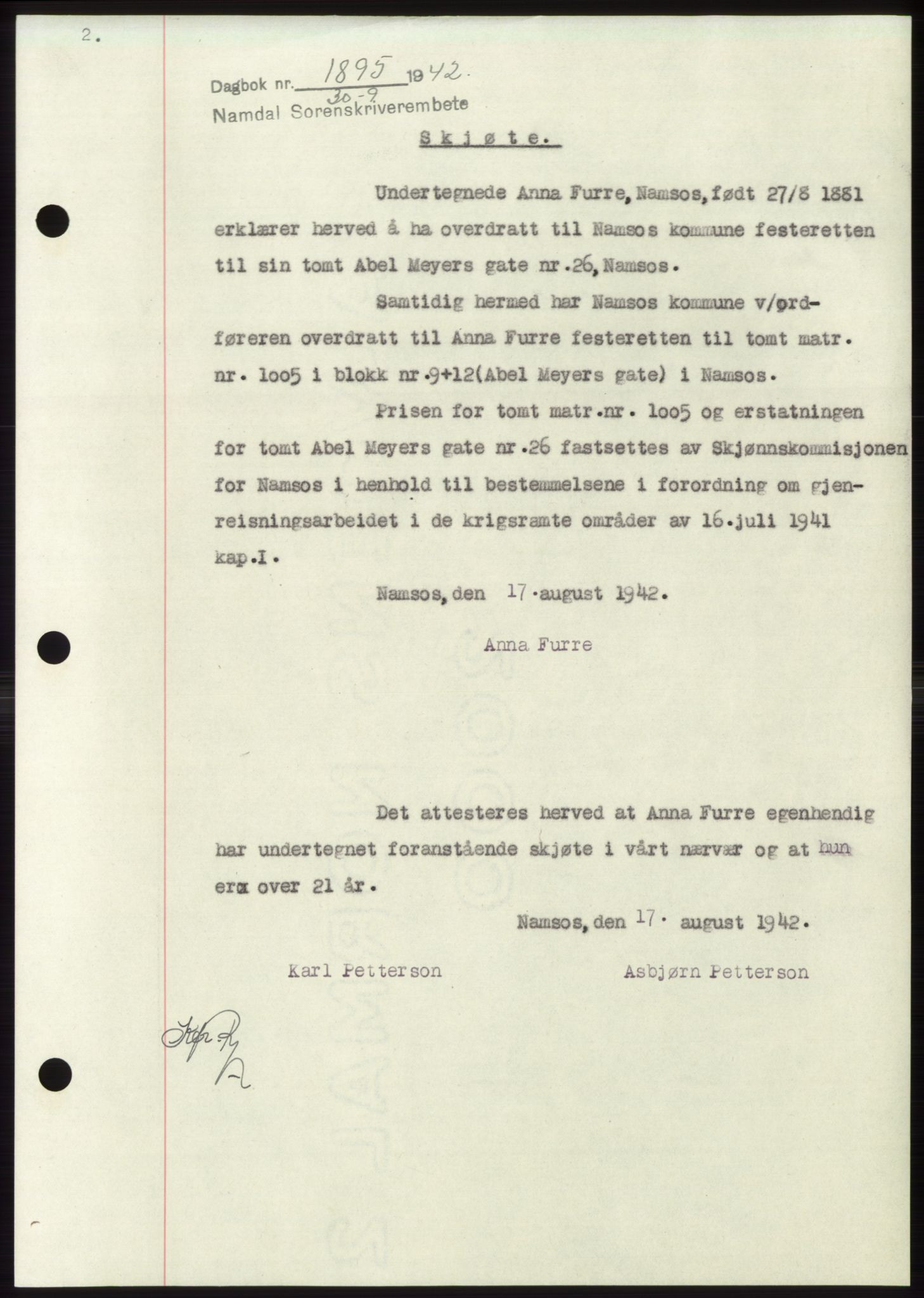 Namdal sorenskriveri, SAT/A-4133/1/2/2C: Pantebok nr. -, 1942-1943, Dagboknr: 1895/1942