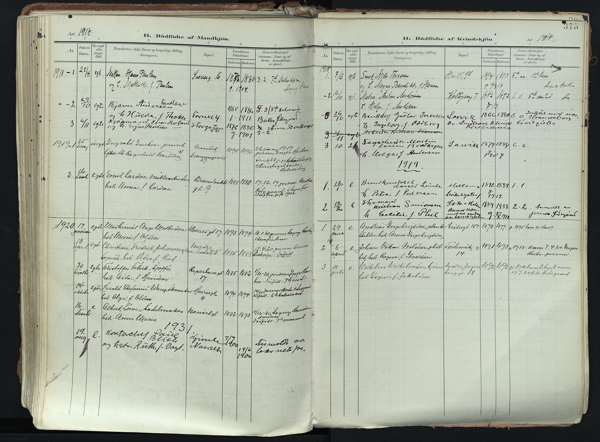 Larvik kirkebøker, AV/SAKO-A-352/F/Fa/L0012: Ministerialbok nr. I 12, 1905-1933, s. 375