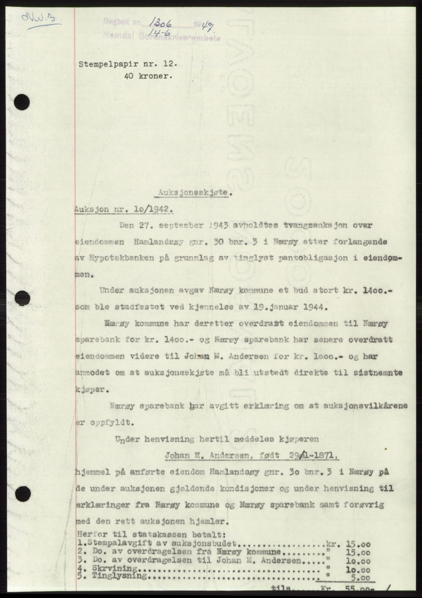 Namdal sorenskriveri, SAT/A-4133/1/2/2C: Pantebok nr. -, 1947-1947, Dagboknr: 1306/1947