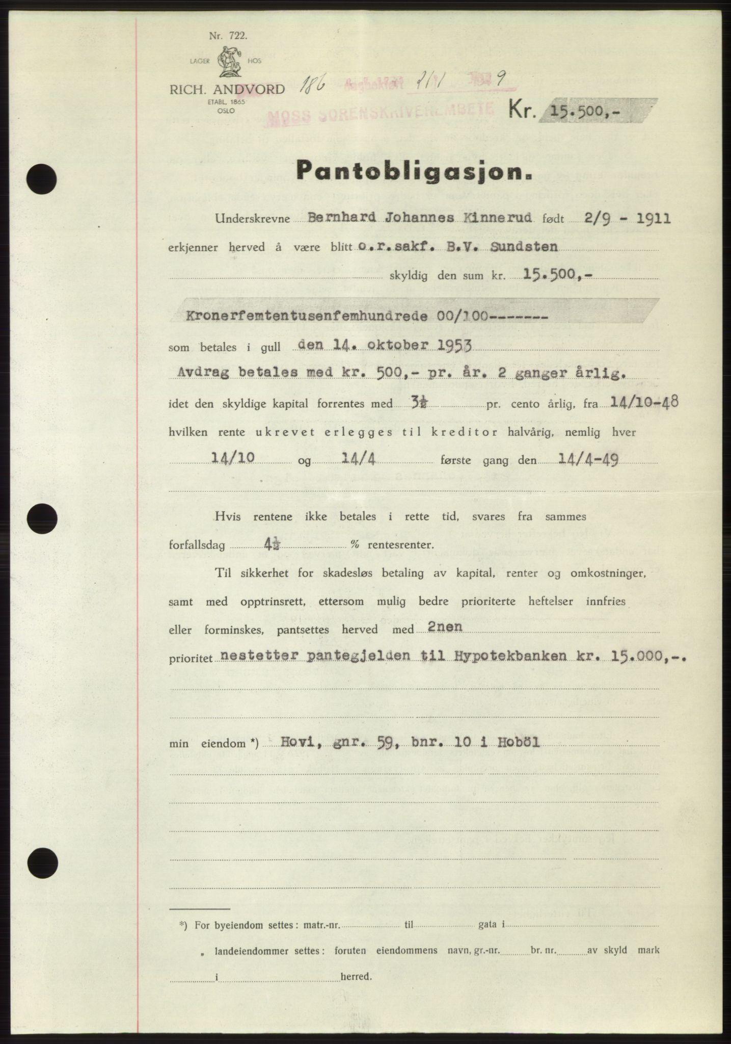 Moss sorenskriveri, SAO/A-10168: Pantebok nr. B21, 1949-1949, Dagboknr: 186/1949