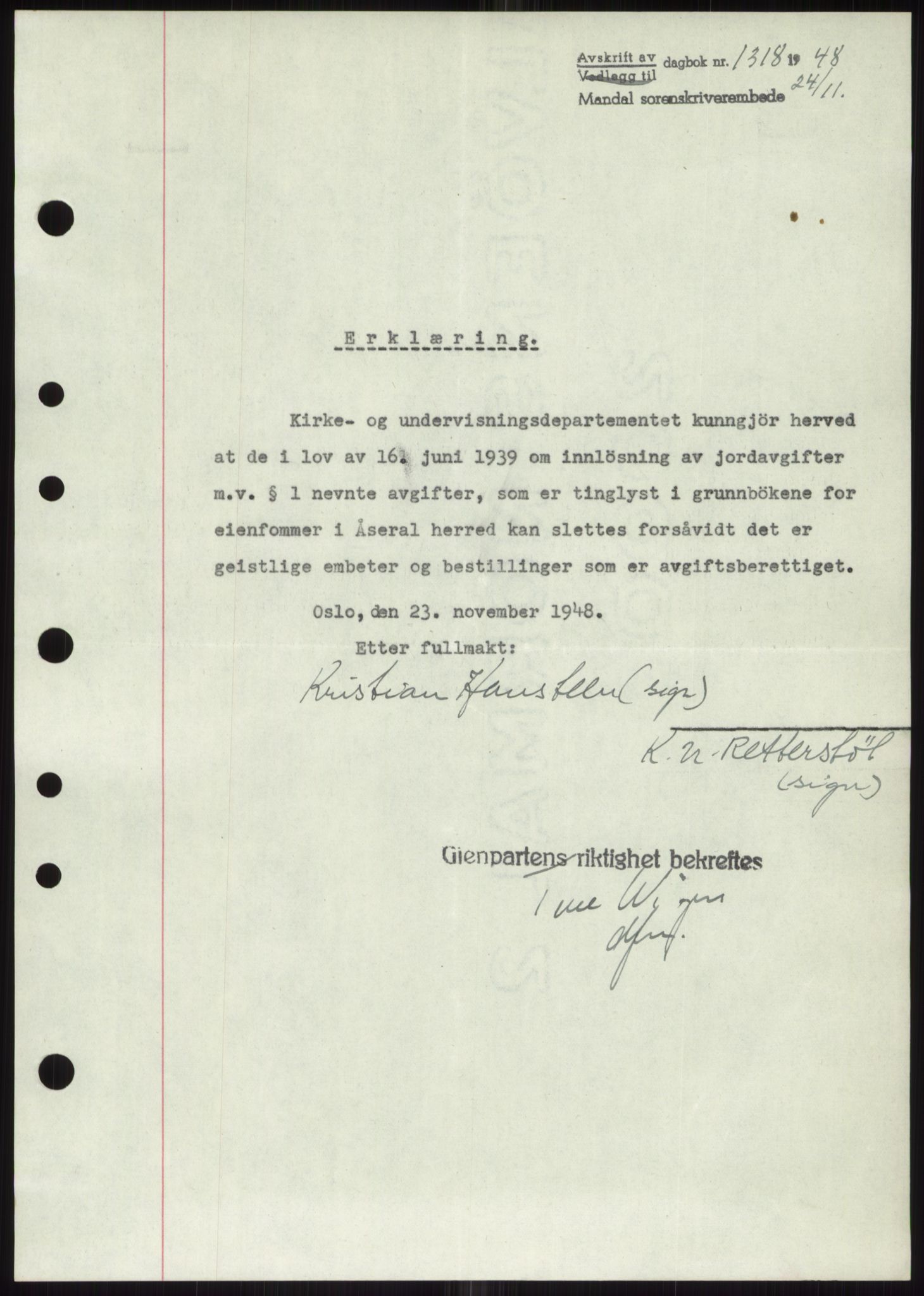 Mandal sorenskriveri, SAK/1221-0005/001/G/Gb/Gbb/L0002: Pantebok nr. B-2 - B-3, 1946-1950, Dagboknr: 1318/1948