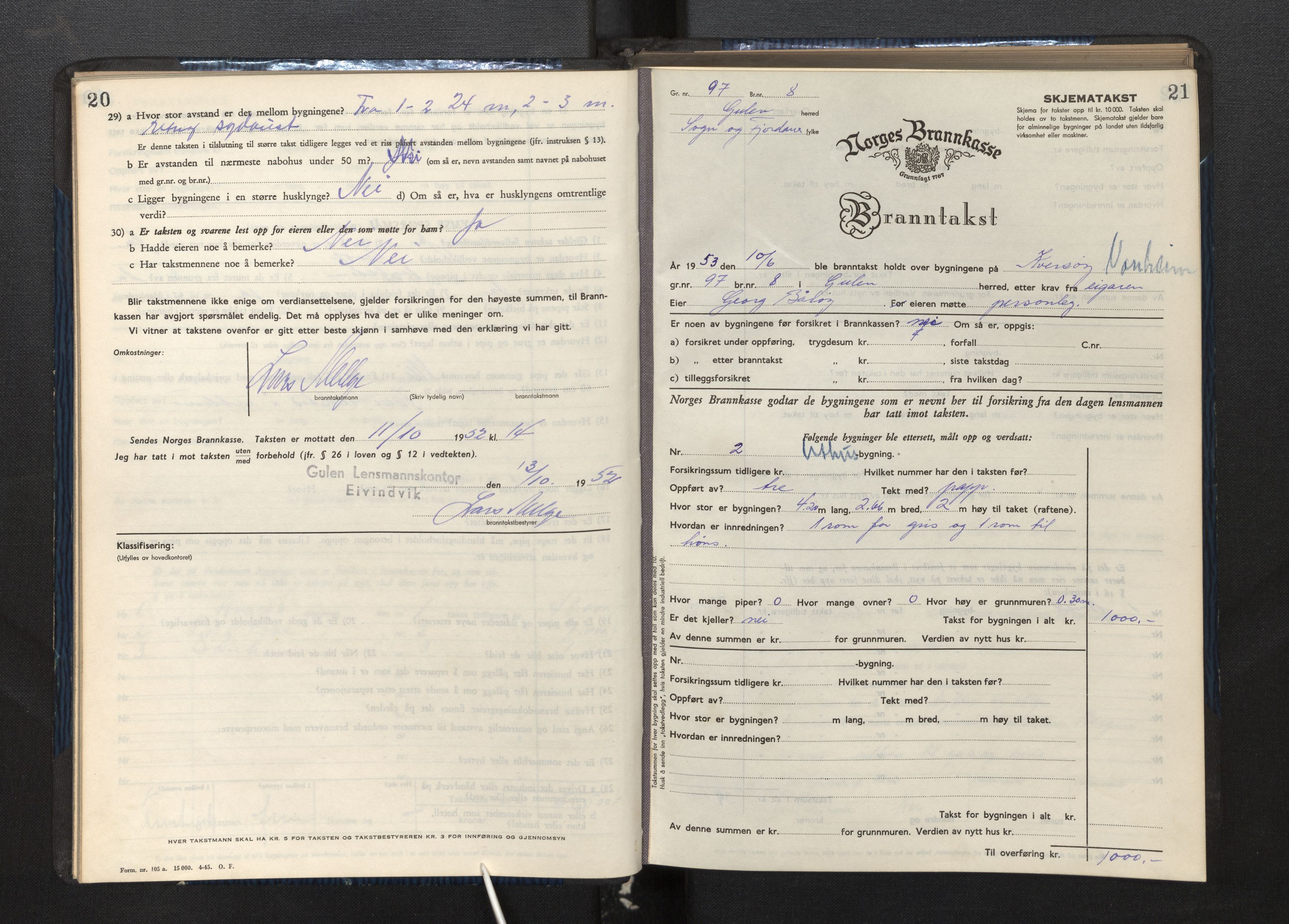 Lensmannen i Gulen, SAB/A-27901/0012/L0004: Branntakstprotokoll skjematakst, 1948-1954, s. 20-21