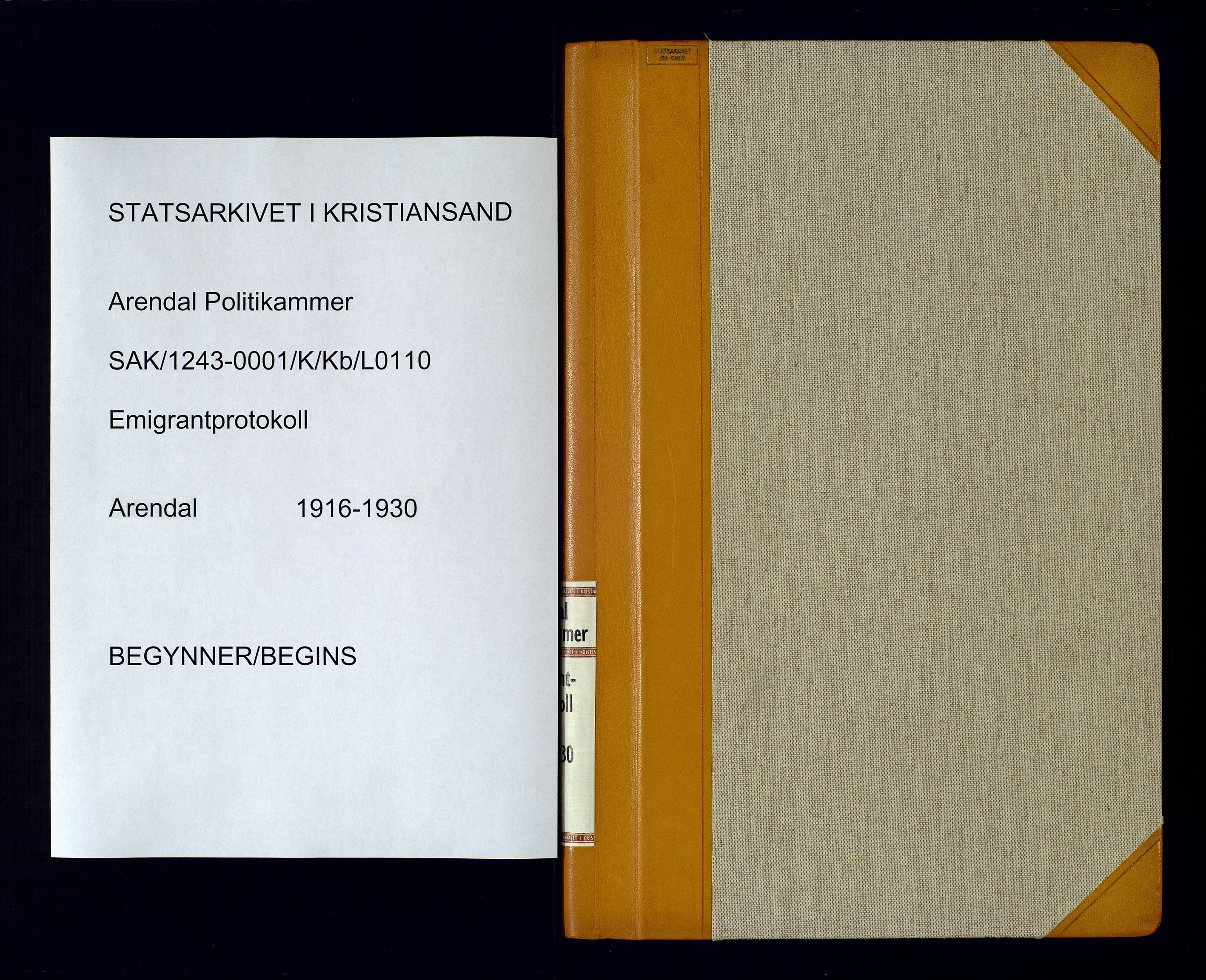 Arendal politikammer - 1, SAK/1243-0001/K/Kb/L0110: Emigrantprotokoll, 1916-1930, s. 1