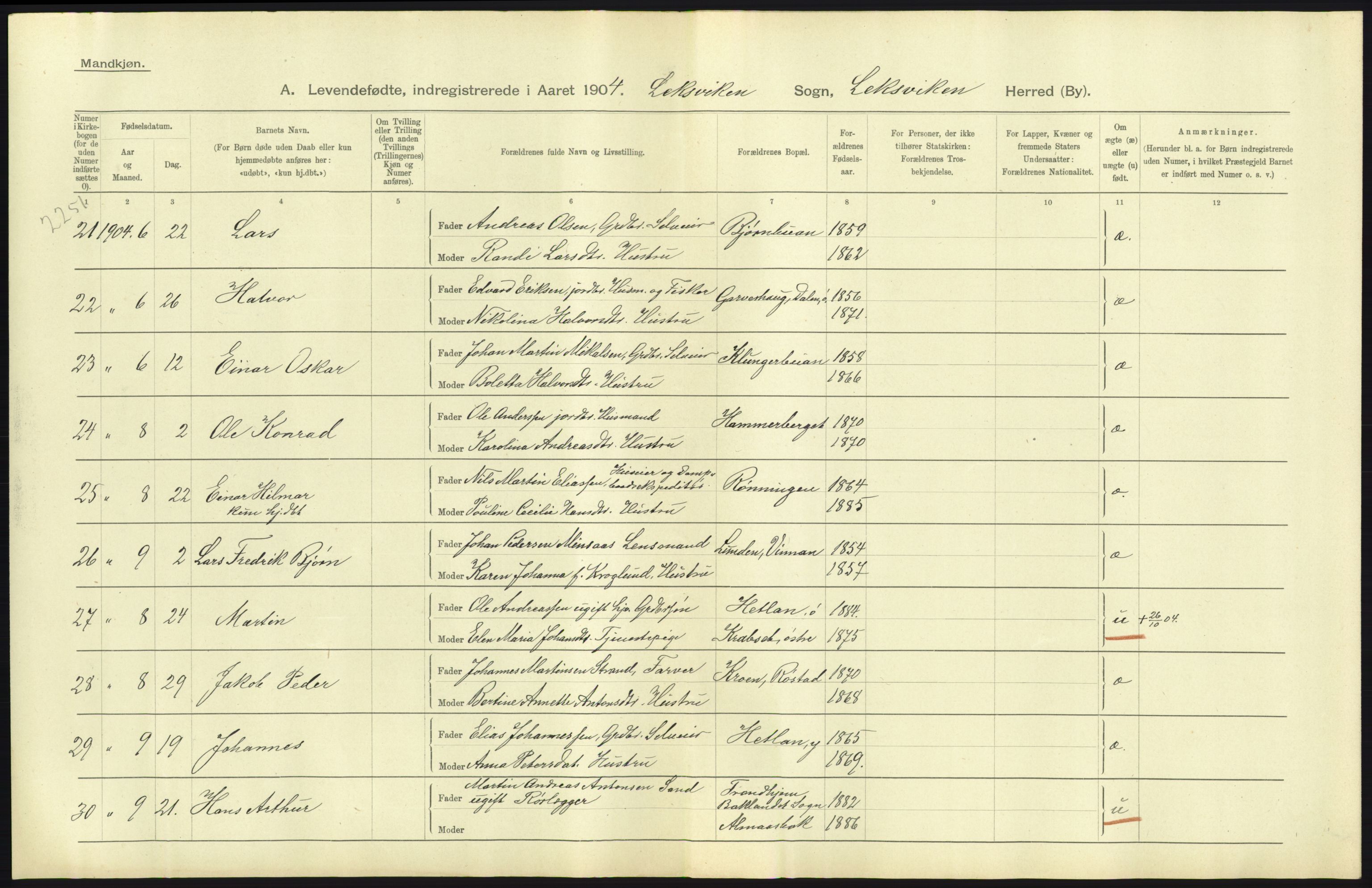 Statistisk sentralbyrå, Sosiodemografiske emner, Befolkning, RA/S-2228/D/Df/Dfa/Dfab/L0019: Nordre Trondhjems amt: Fødte, gifte, døde, 1904, s. 91