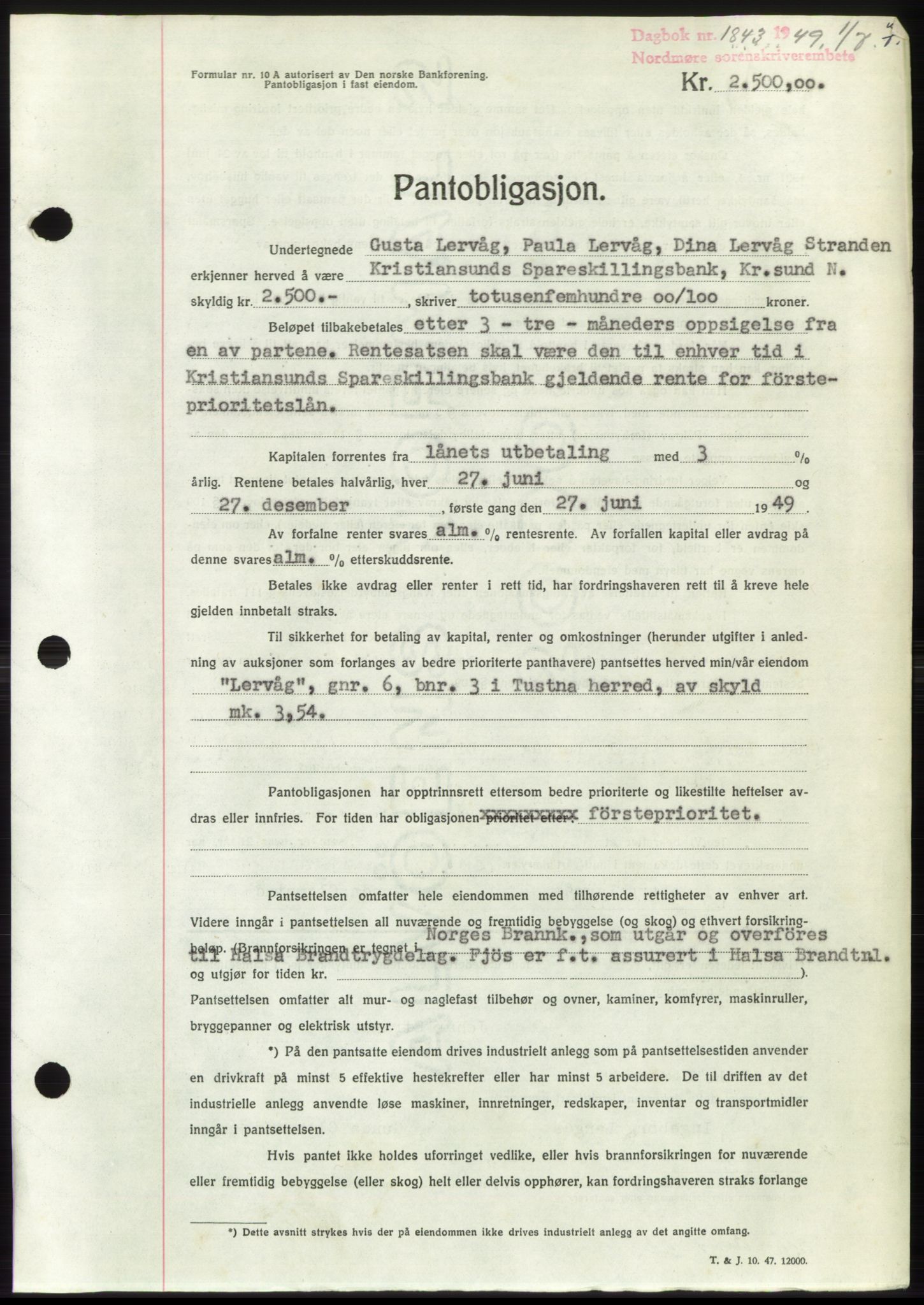 Nordmøre sorenskriveri, SAT/A-4132/1/2/2Ca: Pantebok nr. B102, 1949-1949, Dagboknr: 1843/1949