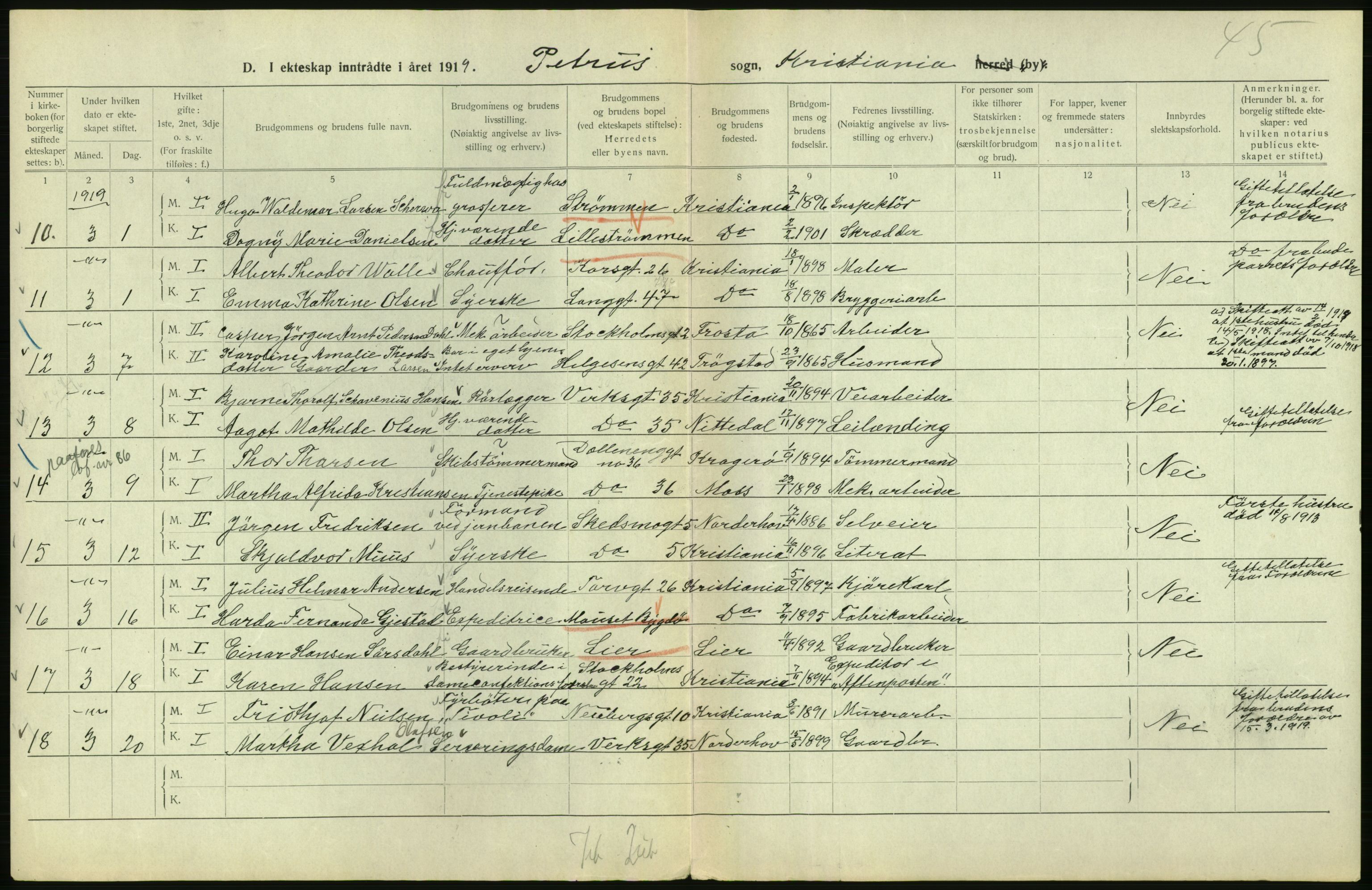 Statistisk sentralbyrå, Sosiodemografiske emner, Befolkning, RA/S-2228/D/Df/Dfb/Dfbi/L0009: Kristiania: Gifte, 1919, s. 424