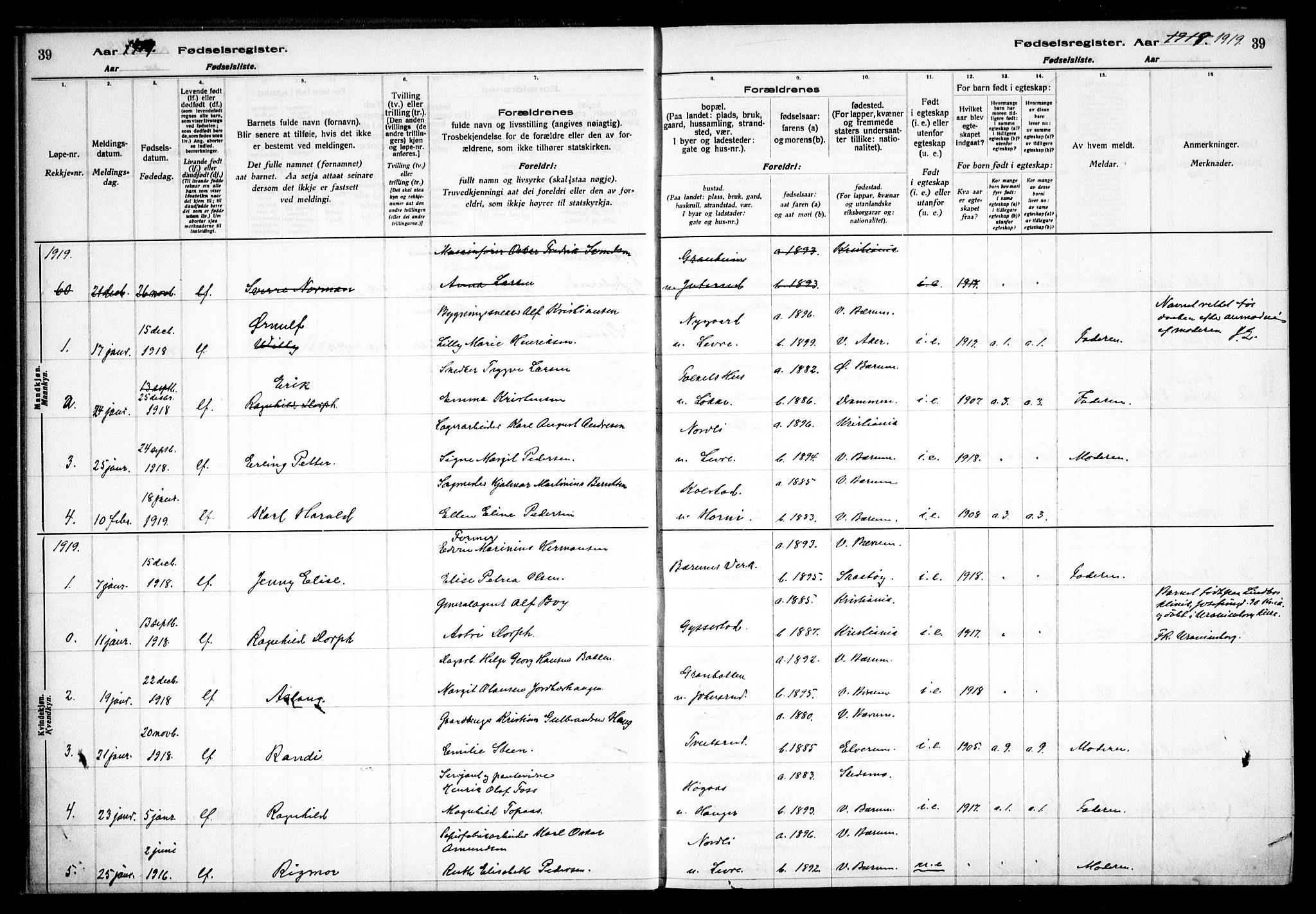 Vestre Bærum prestekontor Kirkebøker, SAO/A-10209a/J/L0001: Fødselsregister nr. 1, 1916-1926, s. 39