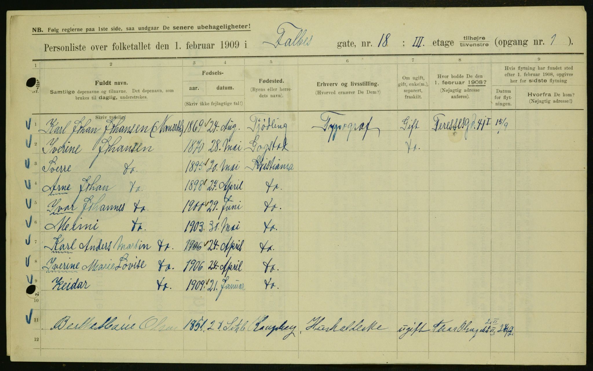 OBA, Kommunal folketelling 1.2.1909 for Kristiania kjøpstad, 1909, s. 20961