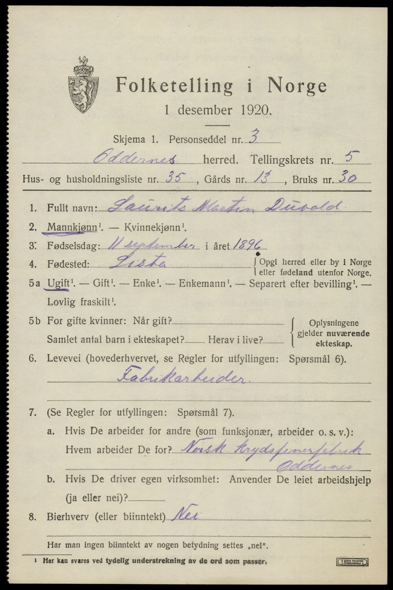SAK, Folketelling 1920 for 1012 Oddernes herred, 1920, s. 4687