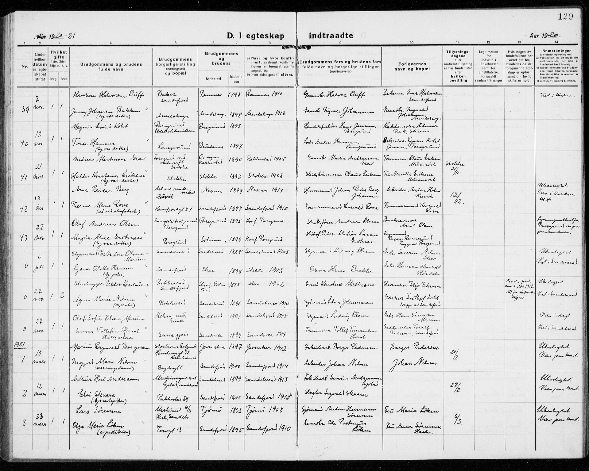 Sandefjord kirkebøker, AV/SAKO-A-315/G/Ga/L0004: Klokkerbok nr. 4, 1920-1931, s. 129